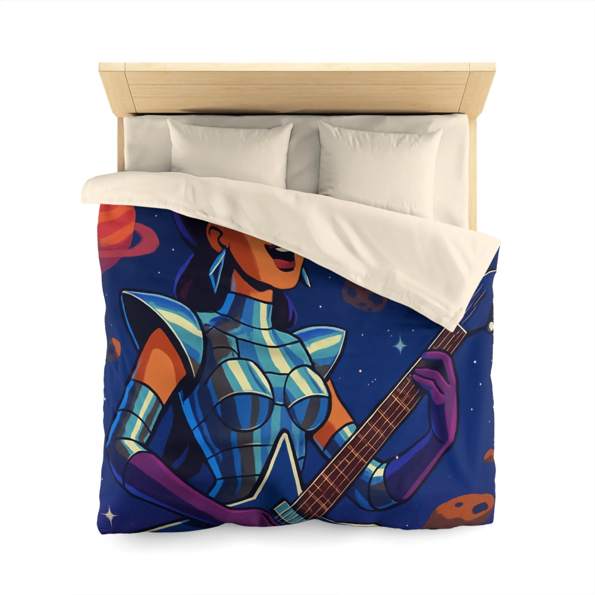 Housse de couette espace cosmique avec musicienne extraterrestre jouant de la guitare étoilée