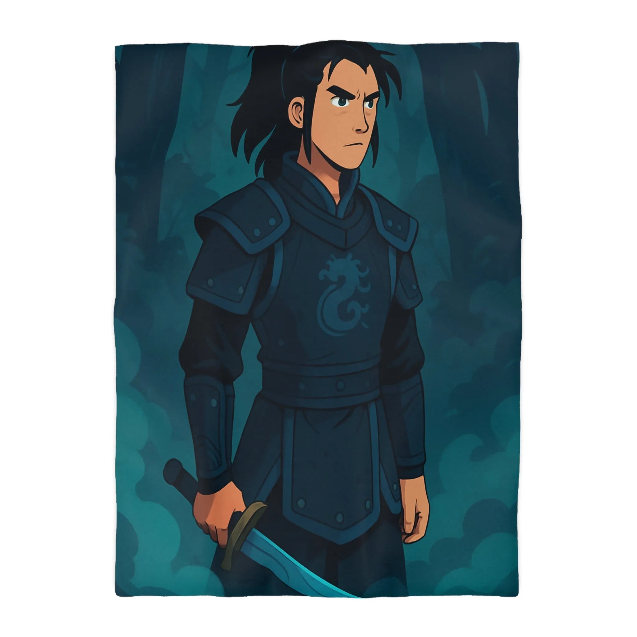 Housse de couette avec illustration guerrier en armure et épée dans la forêt magique