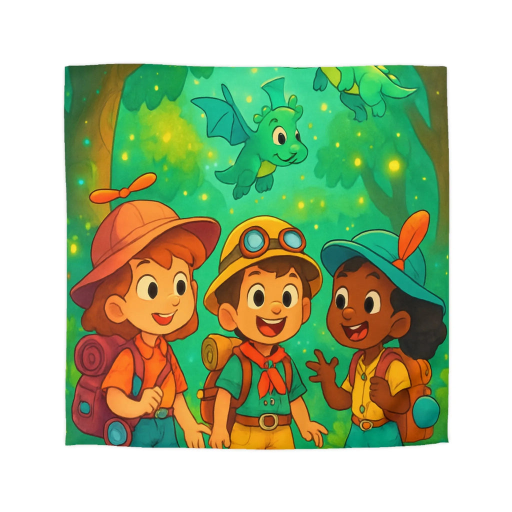 Housse de couette enfants aventure forêt avec dragons et jeunes explorateurs joyeux