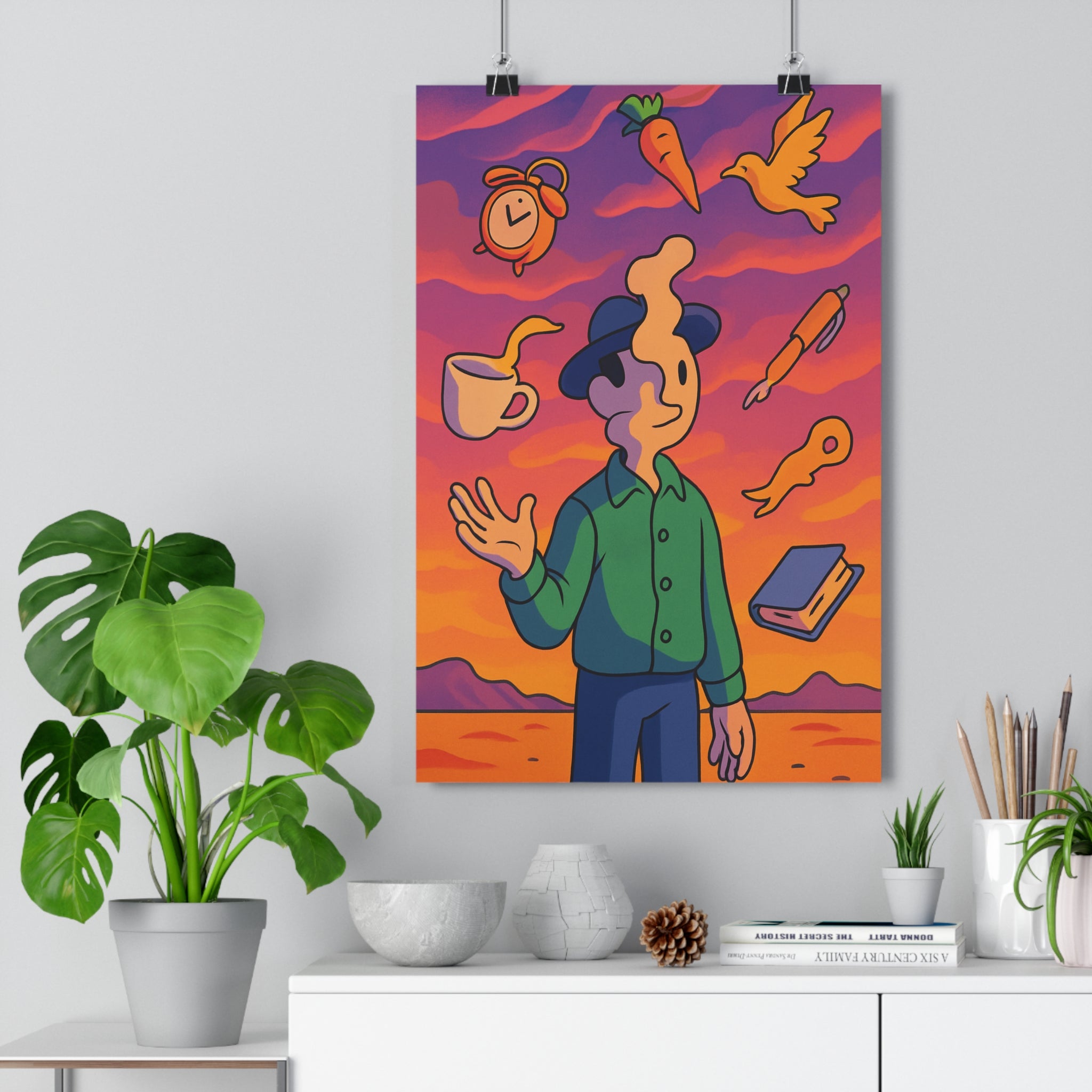 Poster décoratif onirique violet orange jaune cartoon mystique chambre salon fantaisie créatif personnage objets