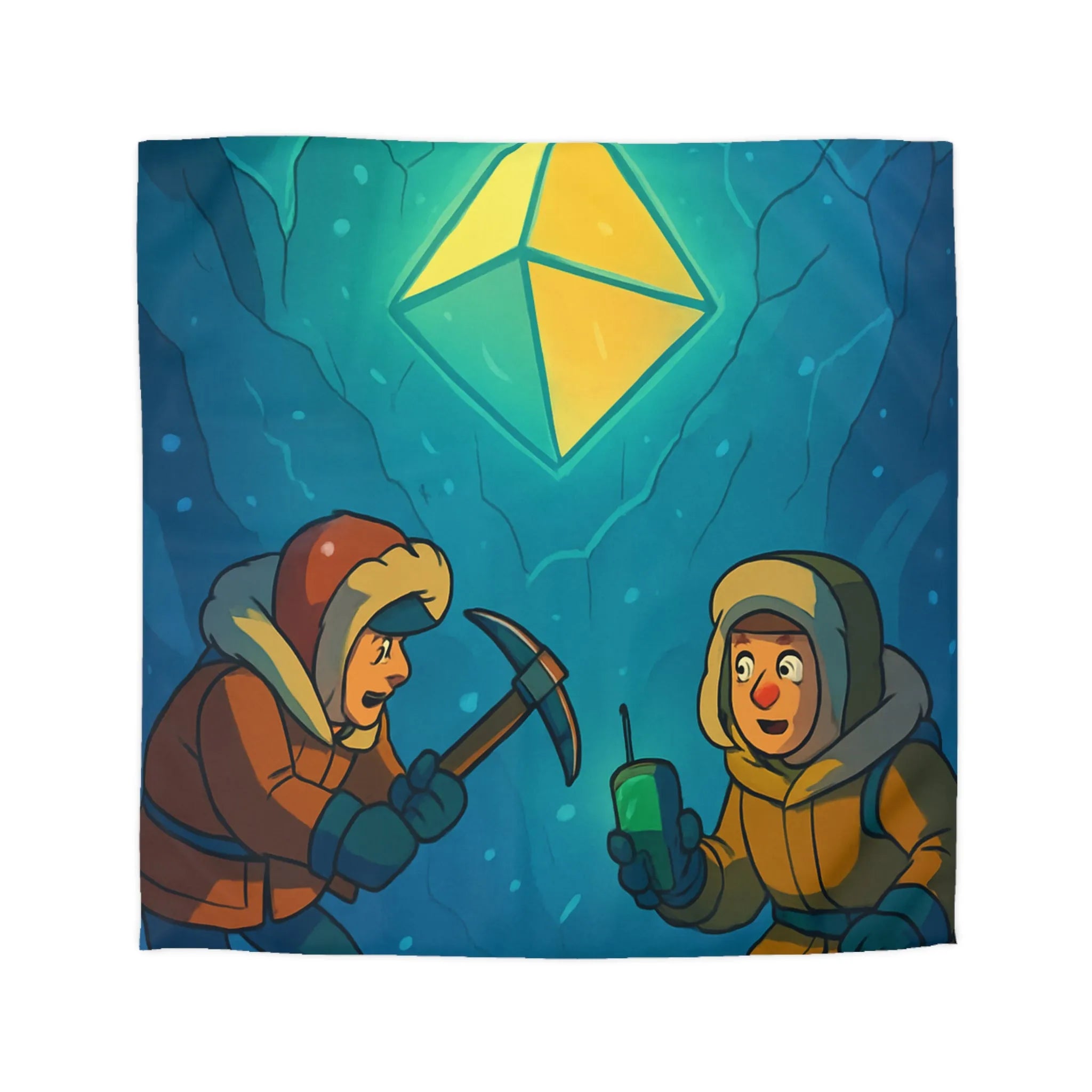 Explorez l'aventure polaire avec personnages découvrant joyau lumineux dans grotte mystérieuse