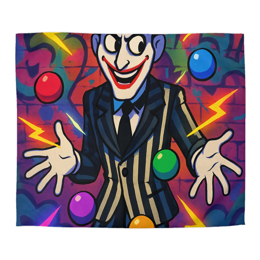 Housse de couette clown rayé jonglant avec des éclairs et des formes colorées