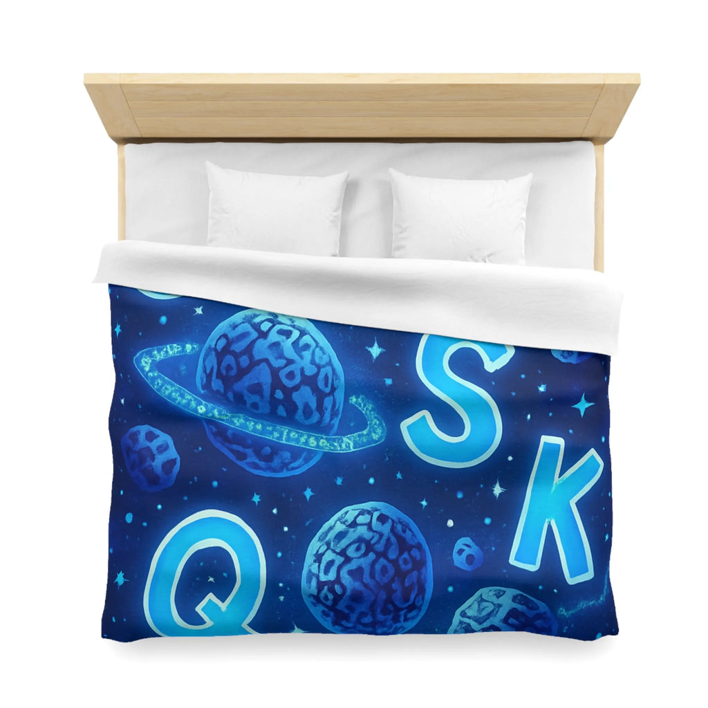 Alphabet bleuté interstellaire sur housse de couette planètes et étoiles pour décoration spatiale