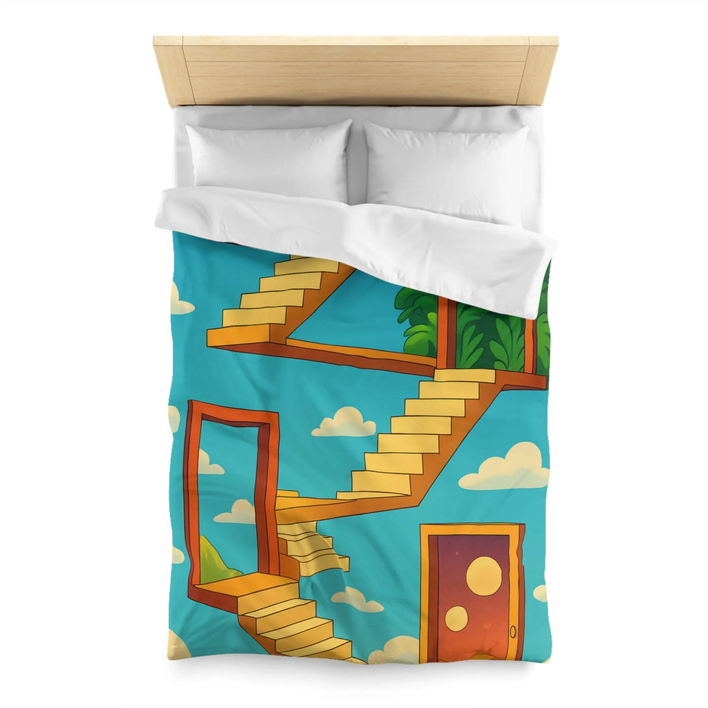 Housse de couette avec escaliers infinis et paysage surréaliste, ciel étoilé