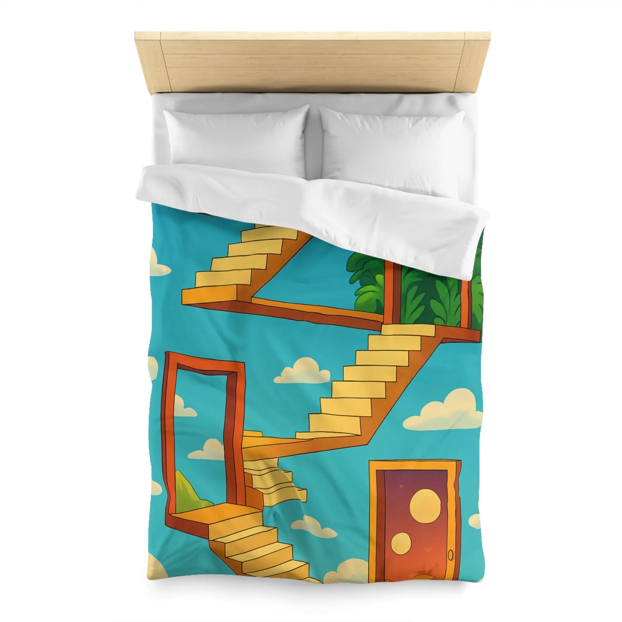 Housse de couette avec escaliers infinis et paysage surréaliste, ciel étoilé
