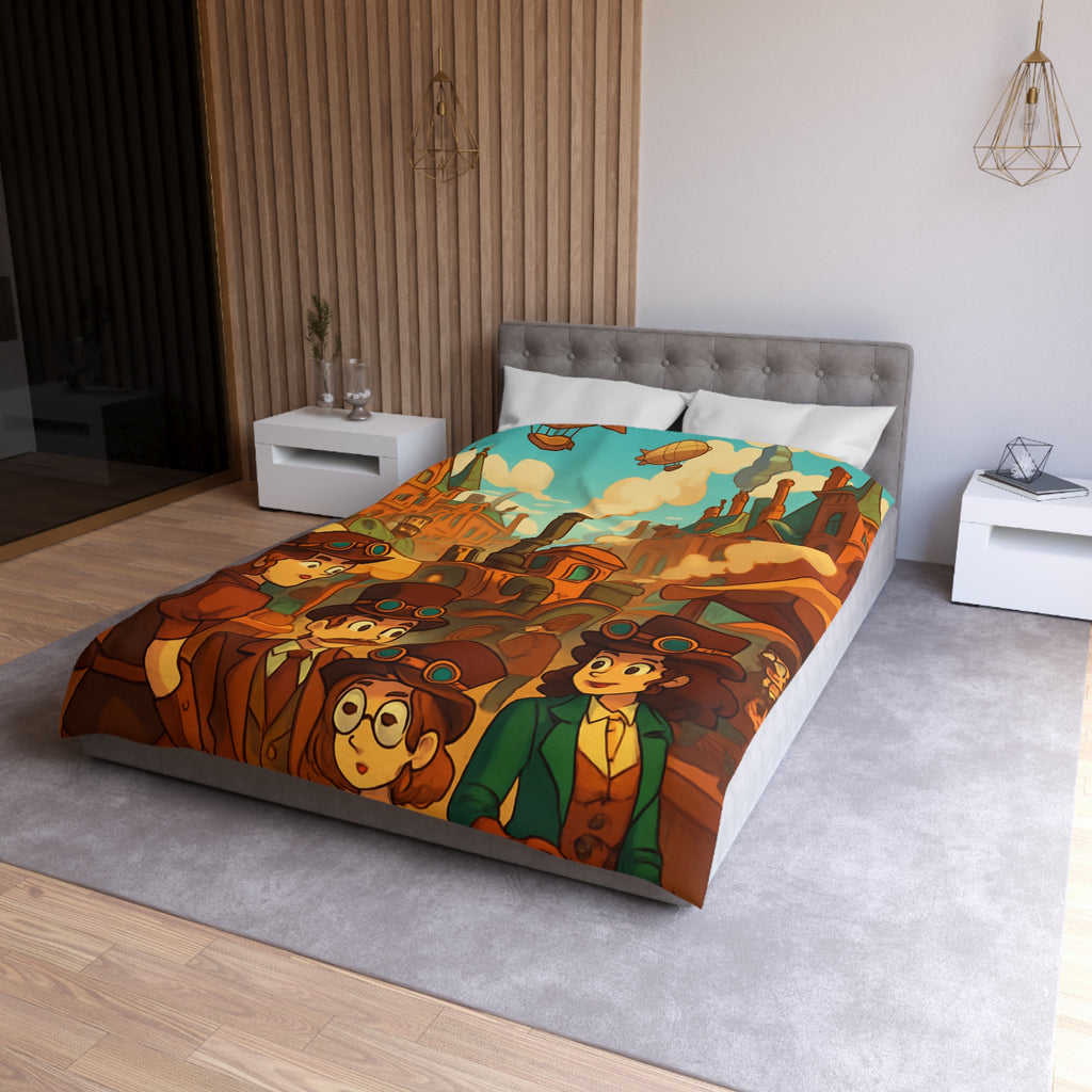 Housse de couette steampunk rétro avec famille, dirigeables et ville victorienne animée