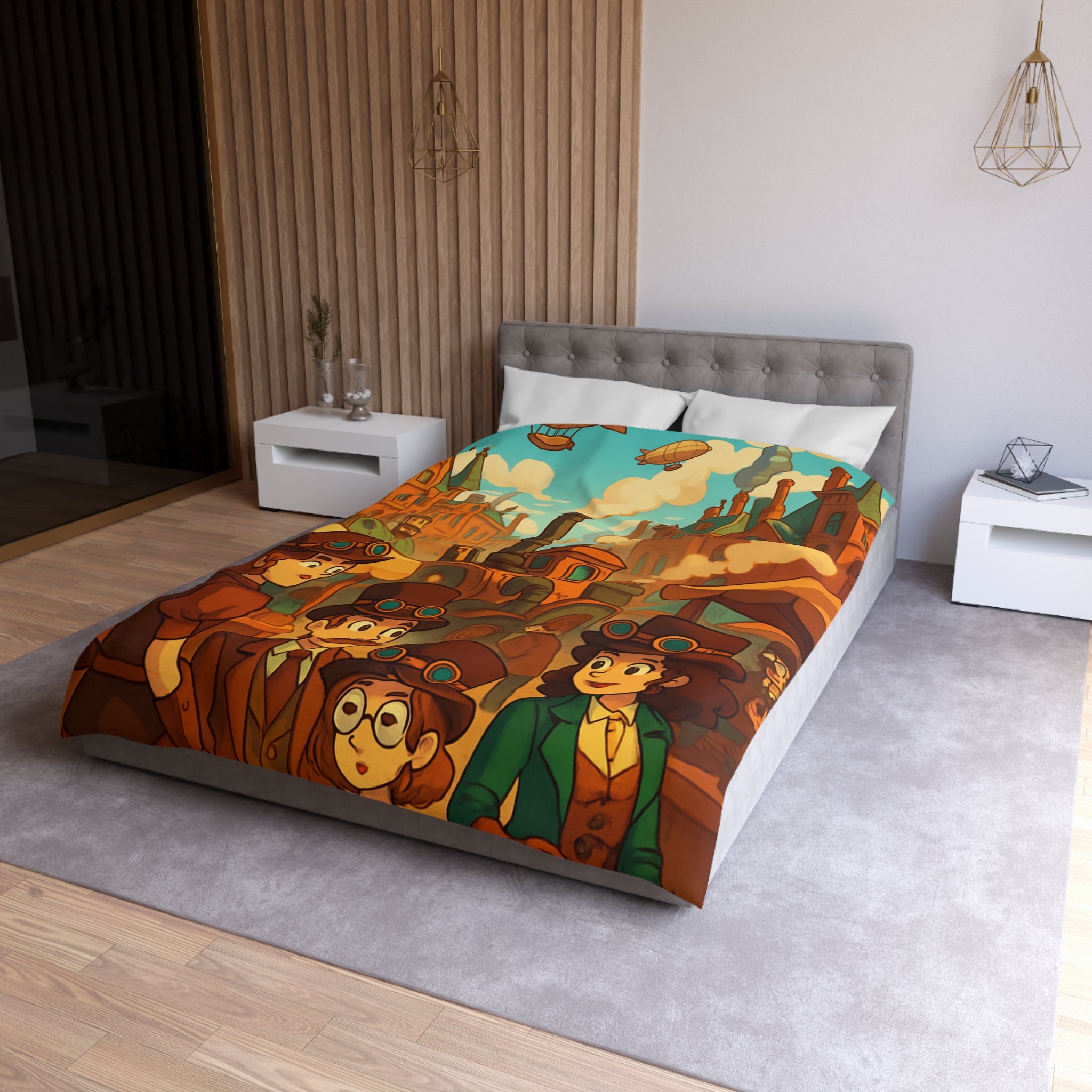 Housse de couette steampunk rétro avec famille, dirigeables et ville victorienne animée