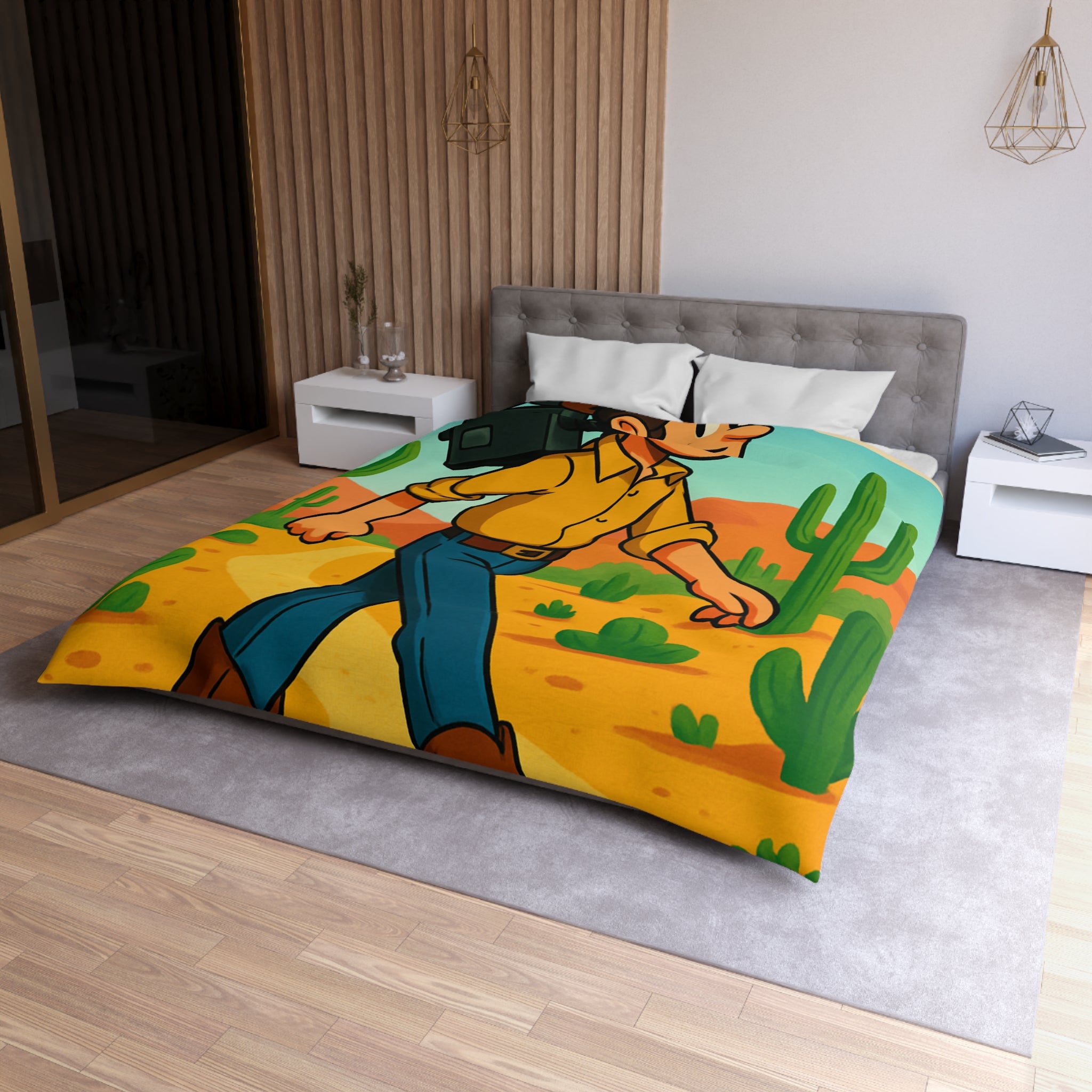 Housse de couette western cowboy dessin animé, désert cactus rétro style vibrant