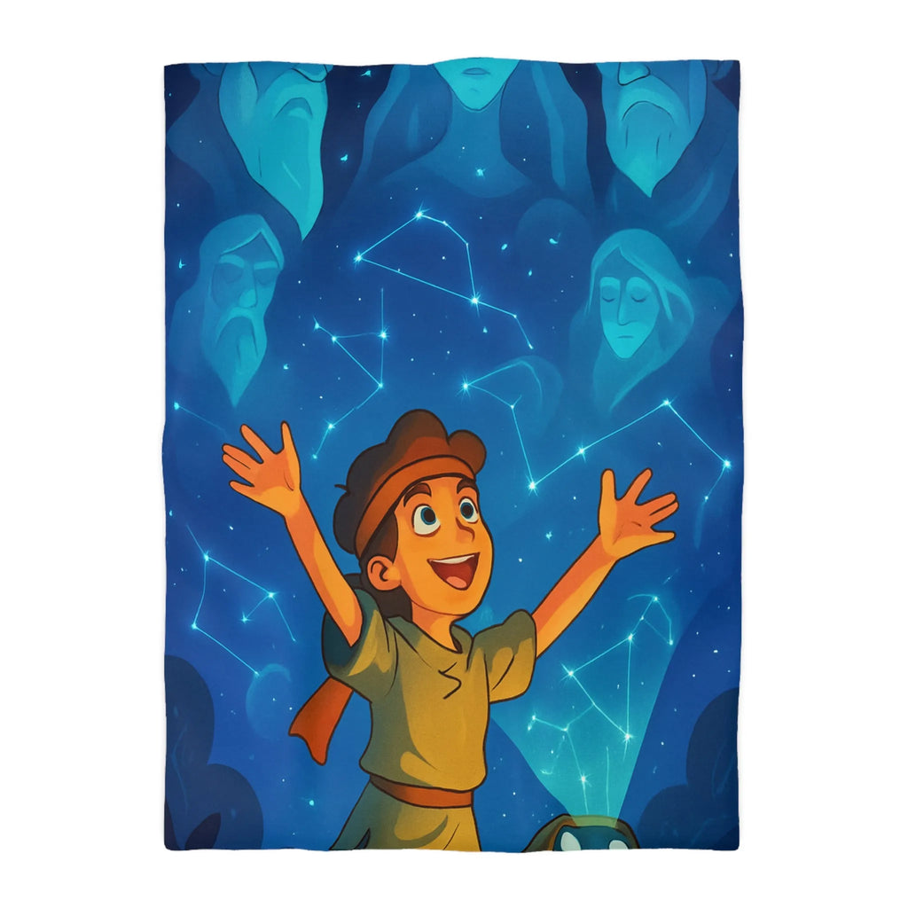 Housse de couette illustrée nocturne avec enfant, robot et constellations célestes inspirantes