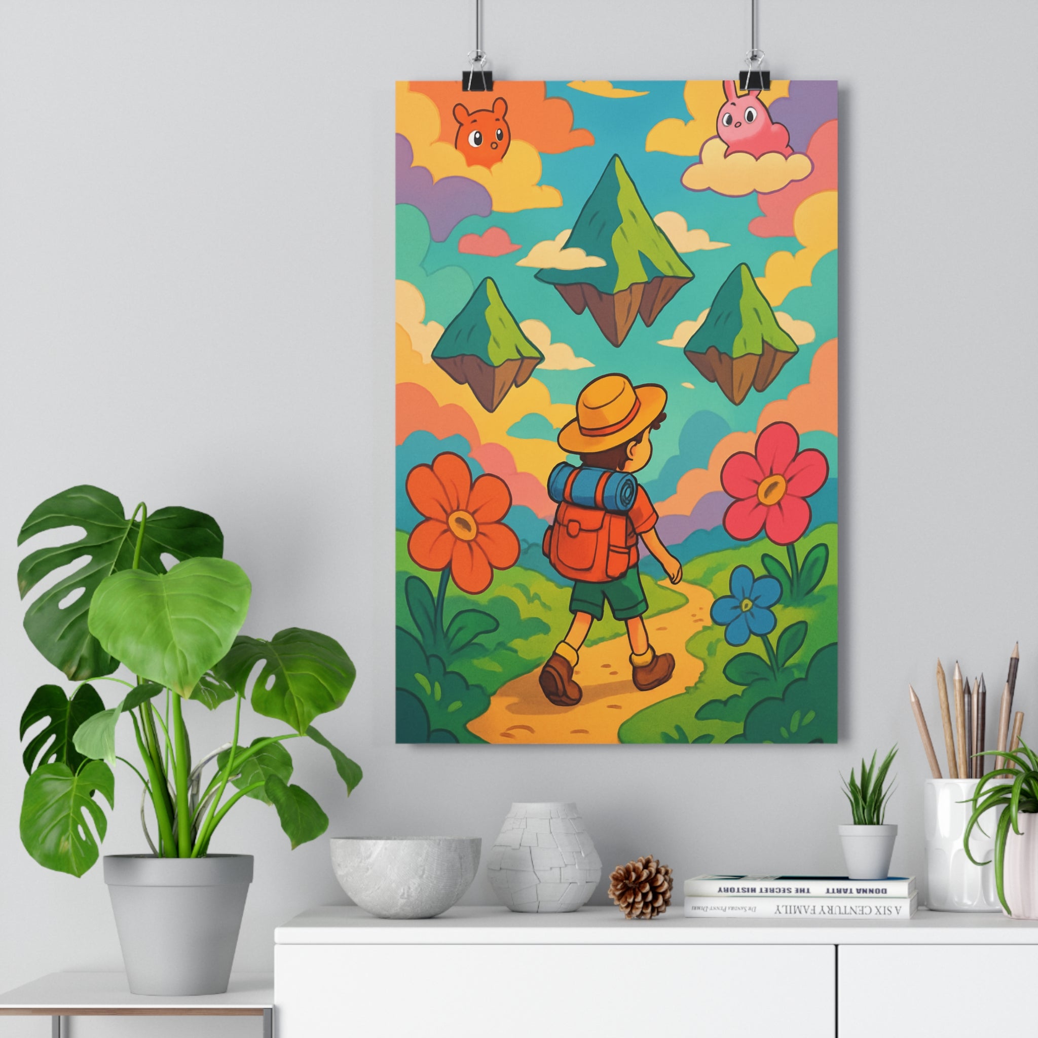 Poster décoratif enfant aventure fantastique coloré bleu vert rose chambre joyeuse dessin moderne explorateur