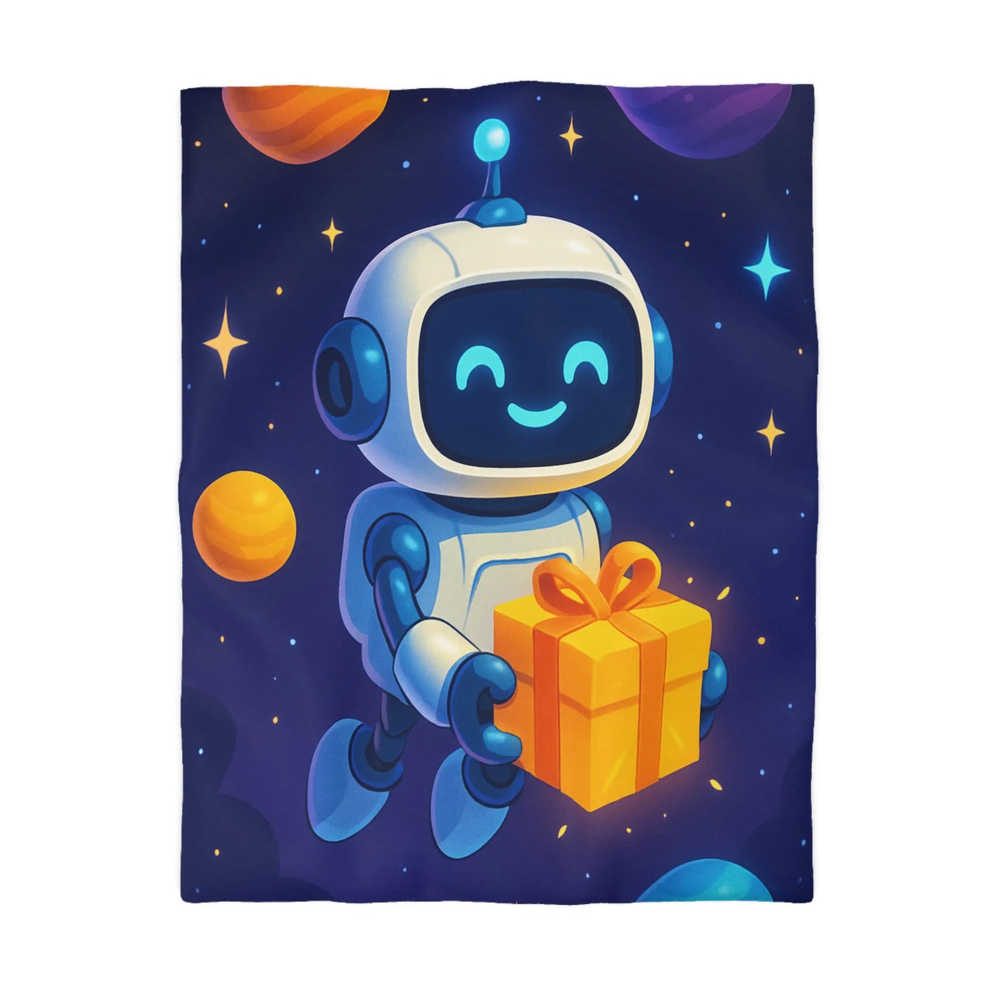 Housse de Couette Enfant Étoilée : Robot Heureux avec Cadeau dans l'Espace Coloré
