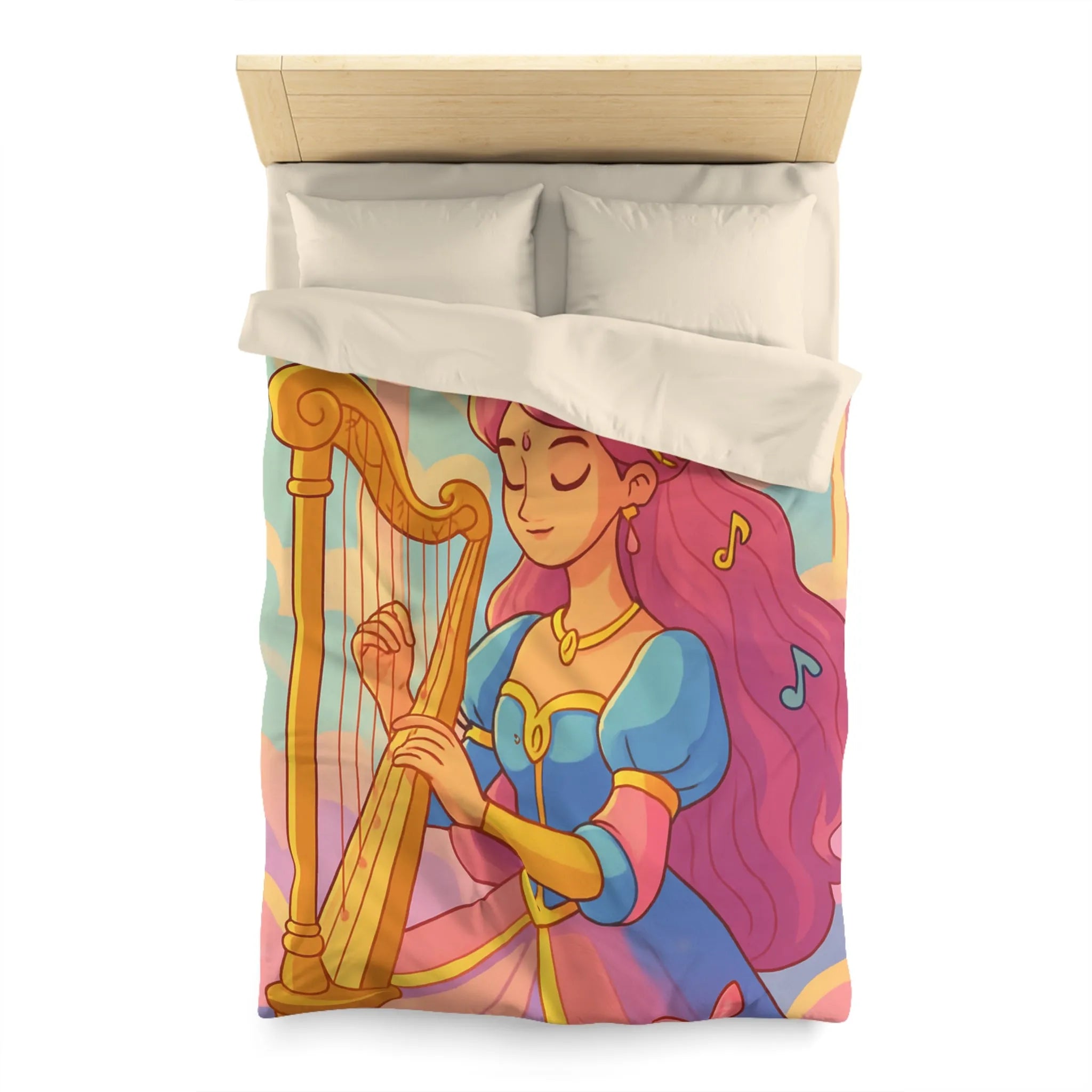 Housse de Couette Magique Princesse Jouant Harpe avec Oiseaux et Papillons Colorés