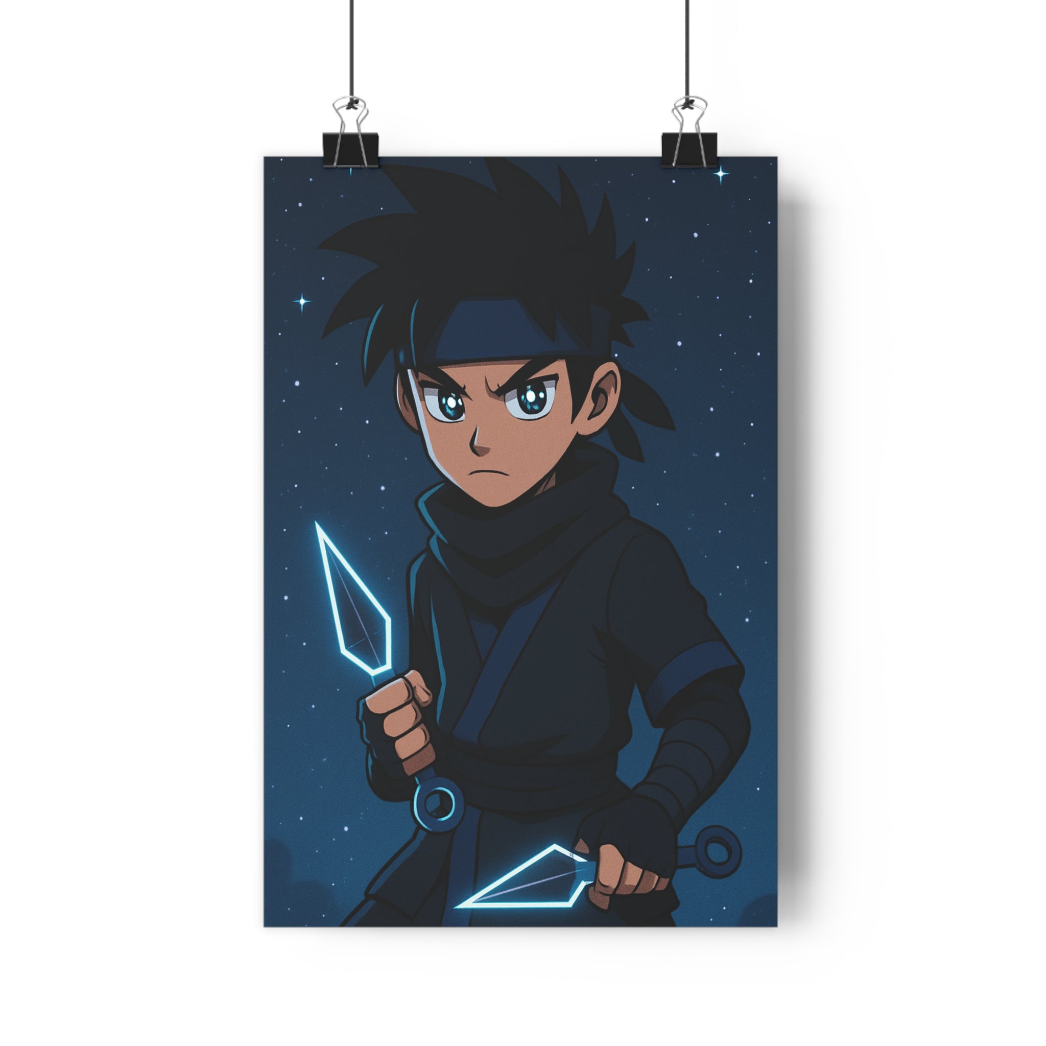 Poster décoratif ninja moderne étoilé noir bleu mystique aventure chambre anime dynamique captivant lumineux