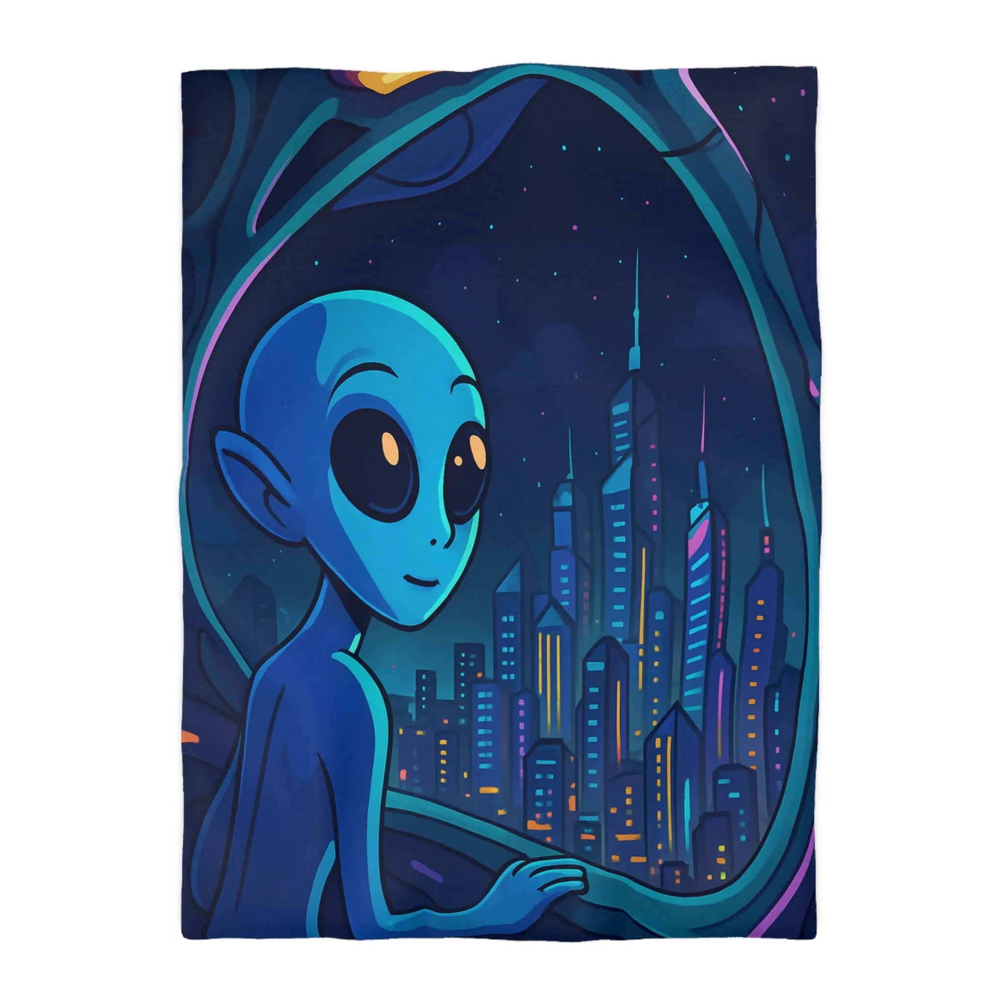Housse de couette avec extraterrestre bleu contemplant métropole futuriste depuis vaisseau spatial