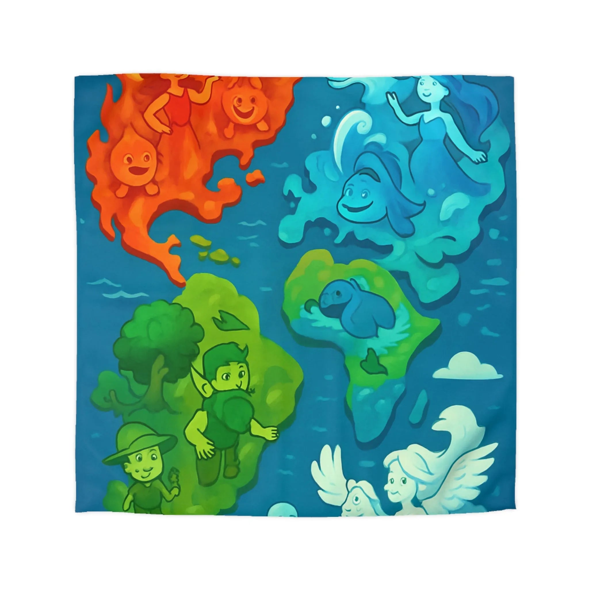 Housse de couette colorée avec illustration ludique des éléments naturels en harmonie