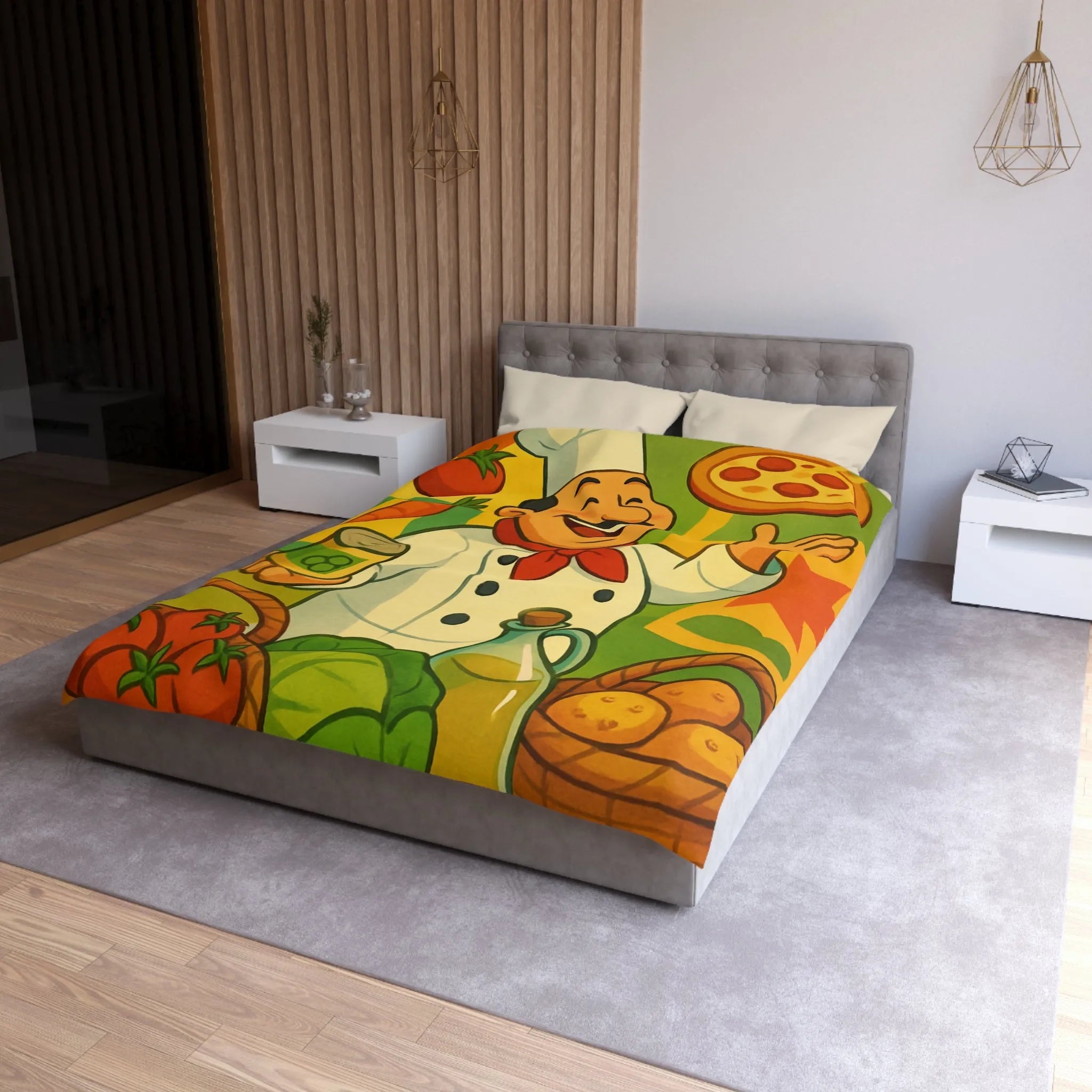 Housse de Couette Illustrée de Chef Heureux avec légumes et Pizza Méditerranéenne Colorée