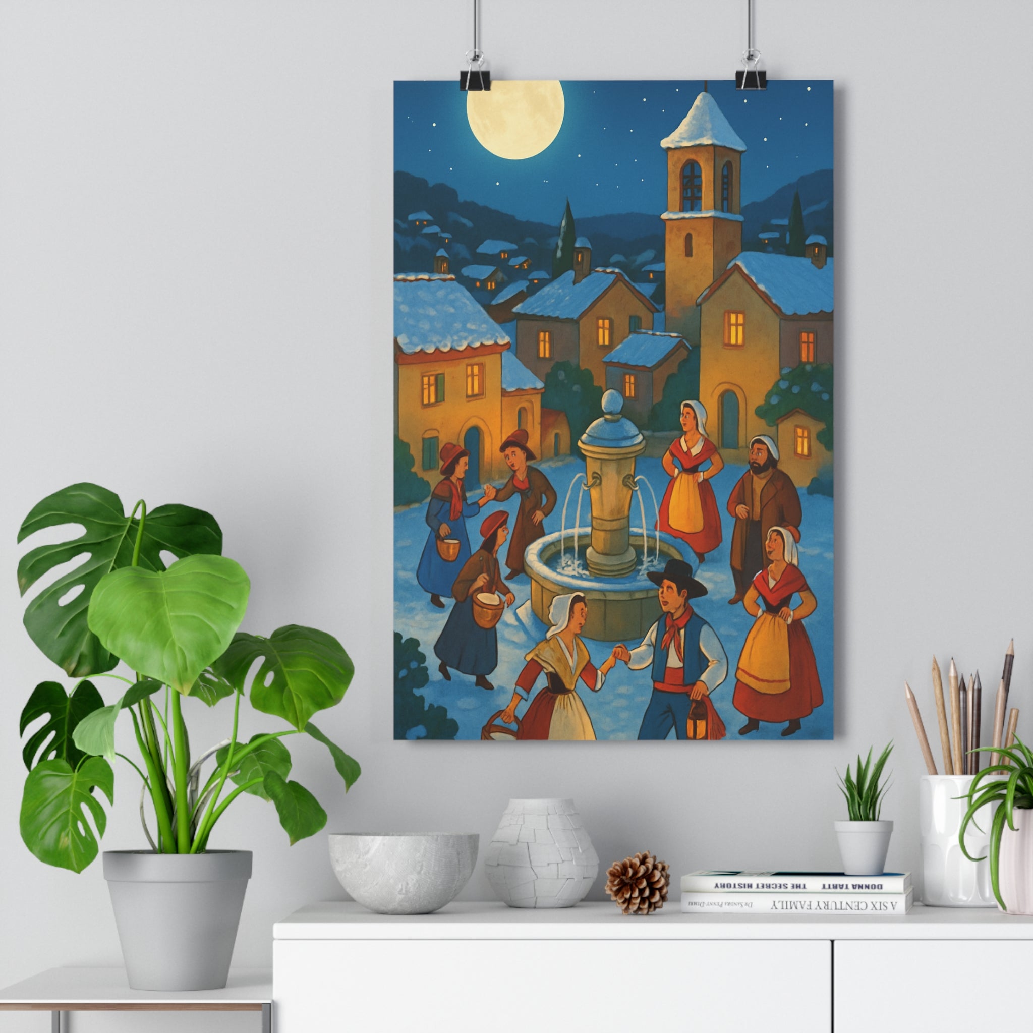 Poster décoratif anime village provençal lune nuit étoiles lumineux traditionnel ambiance qualité chambre maison