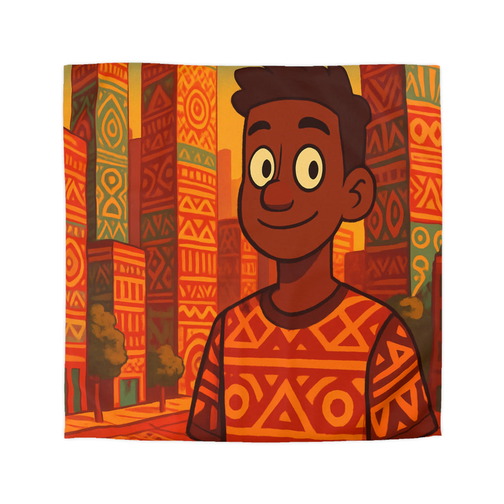 Housse de Couette Personnage Souriant avec Motifs Géométriques et Gratte-Ciel Colorés