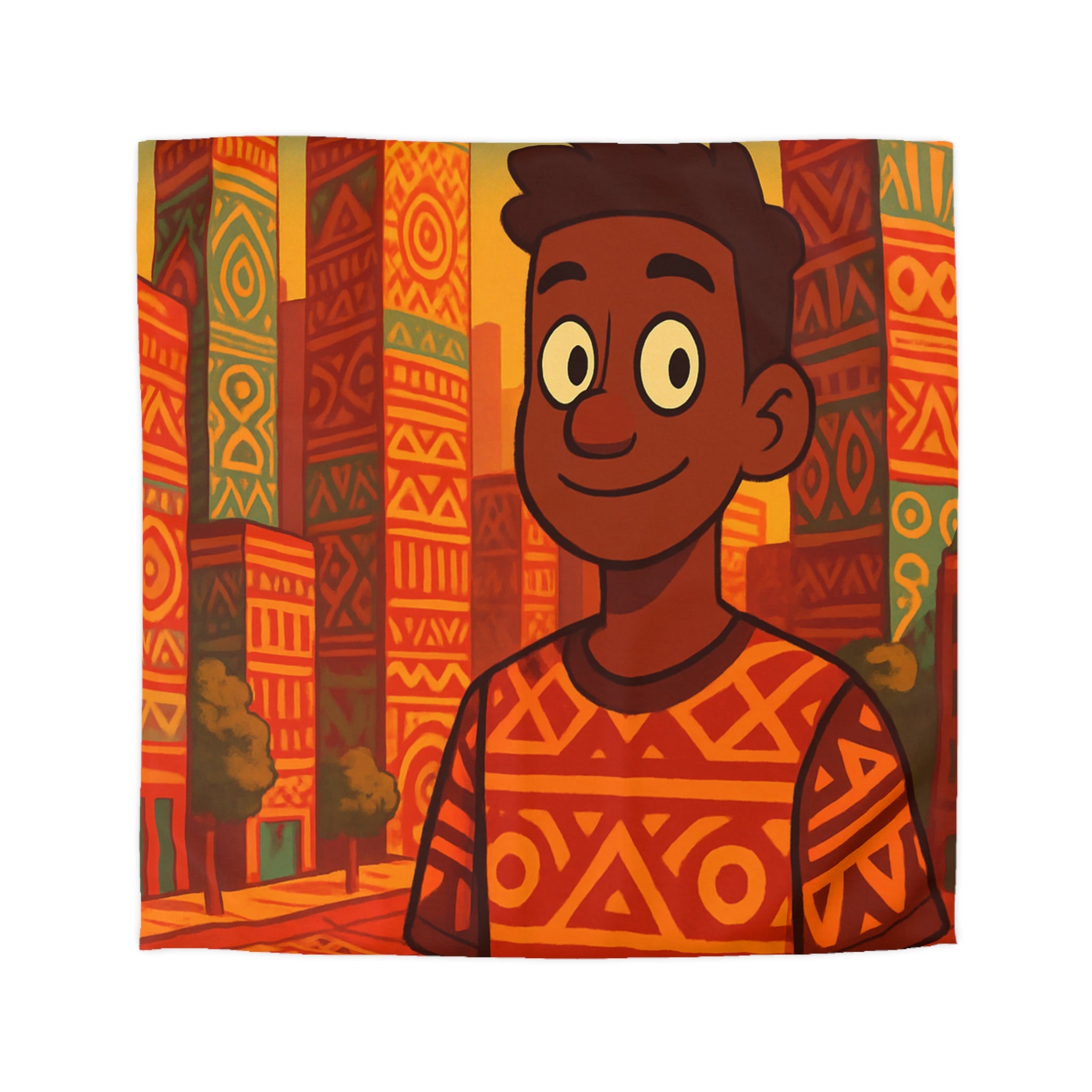 Housse de Couette Personnage Souriant avec Motifs Géométriques et Gratte-Ciel Colorés