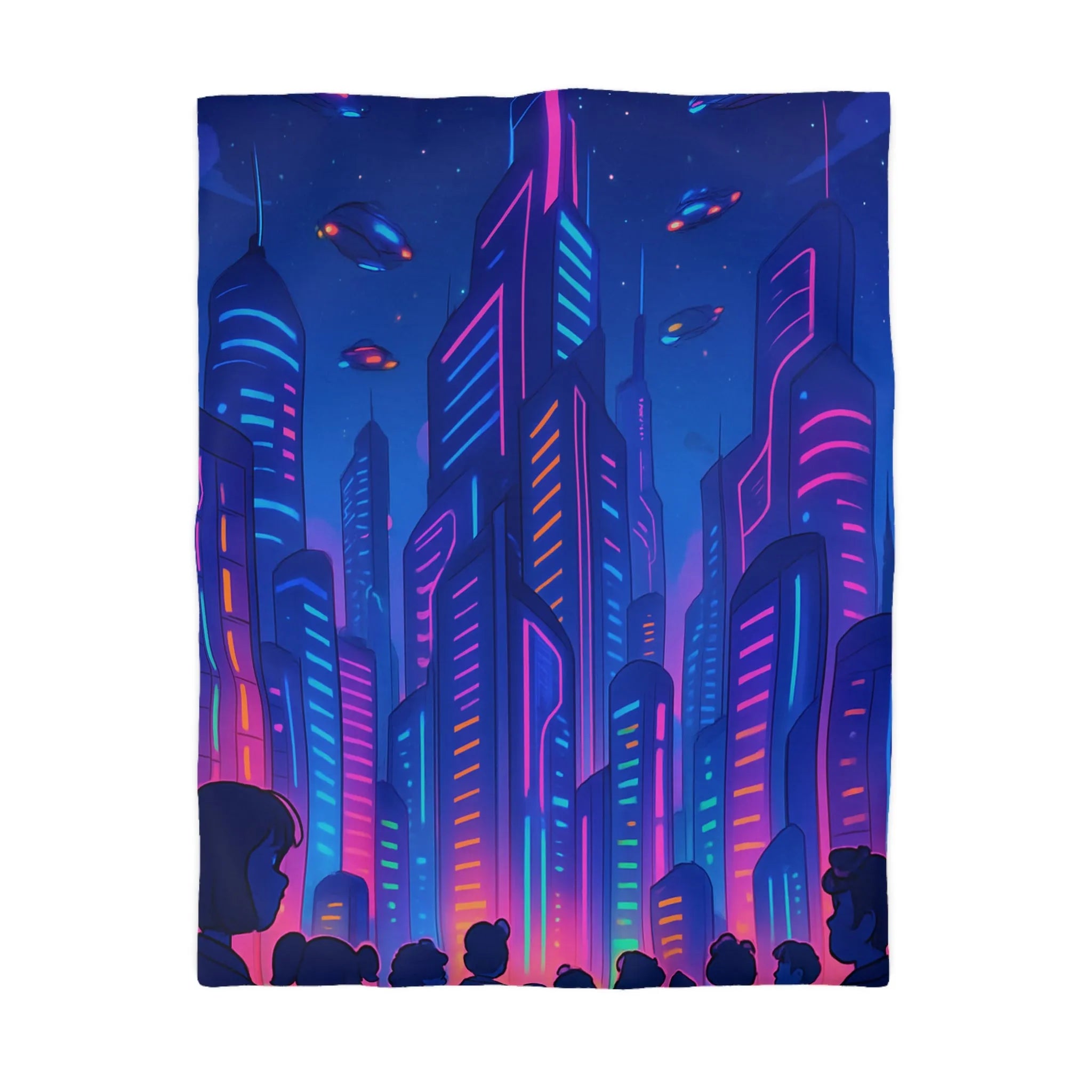 Housse de Couette Futuriste avec Gratte-Ciels Néons et Vaisseaux Spatiaux Lumineux pour Enfants