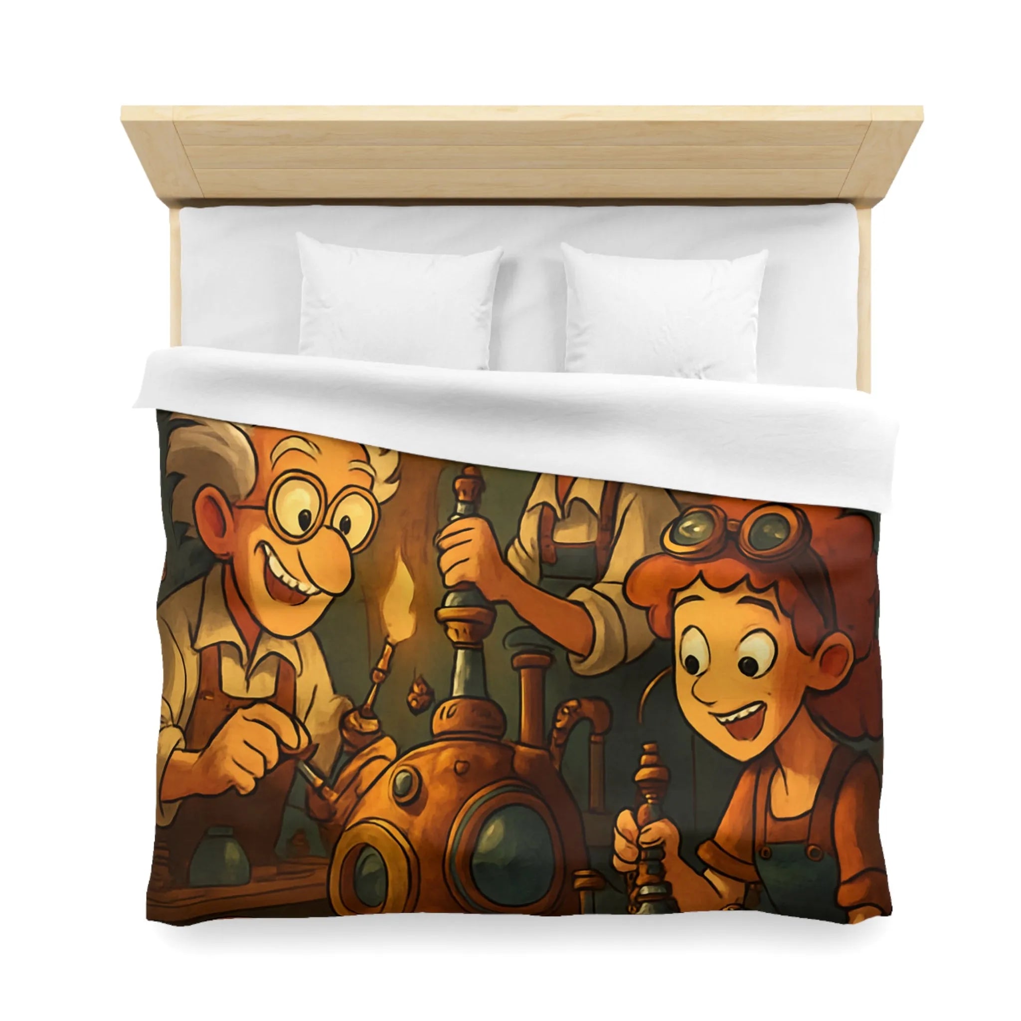 Housse de couette illustrée steampunk avec personnages inventeurs et machines dans atelier