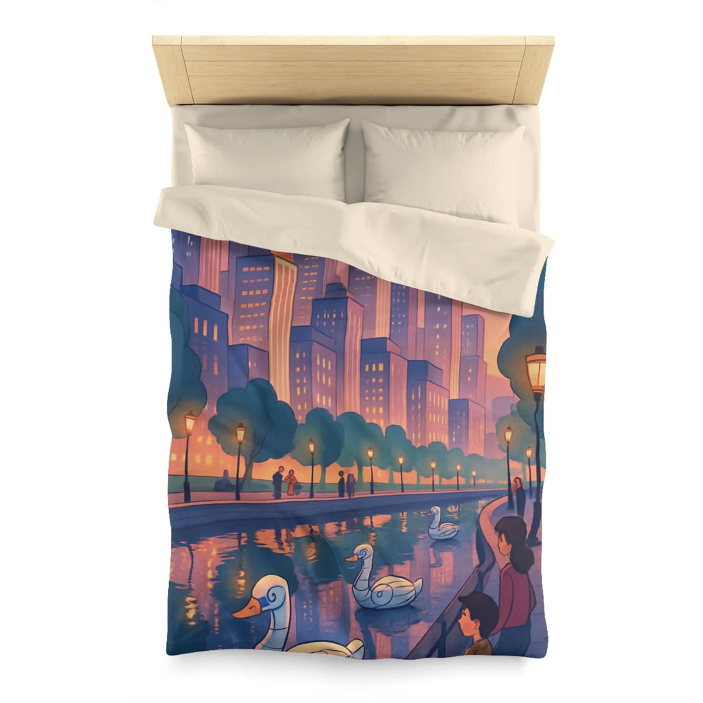 Housse de couette illustrée avec cygnes et skyline urbaine au coucher du soleil