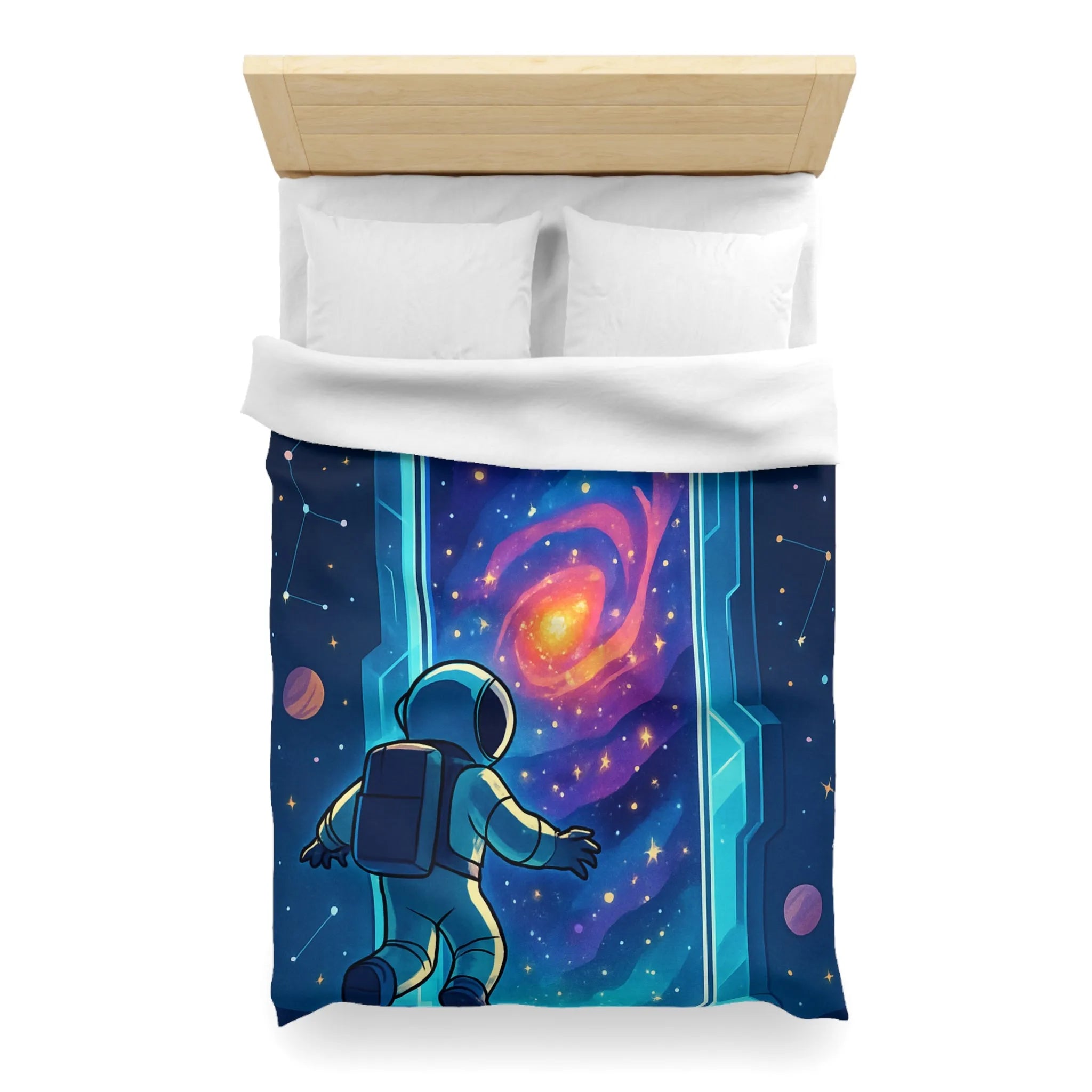 Housse de couette astronaute explorant portail galactique vibrant dans l'espace étoilé