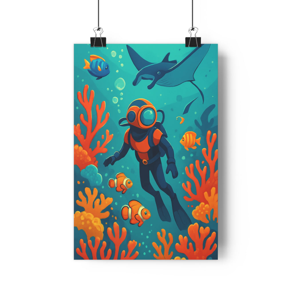 Poster décoratif sousmarine orange bleu cartoon ludique enfant aventure coloré plongeur poissons coraux chambre