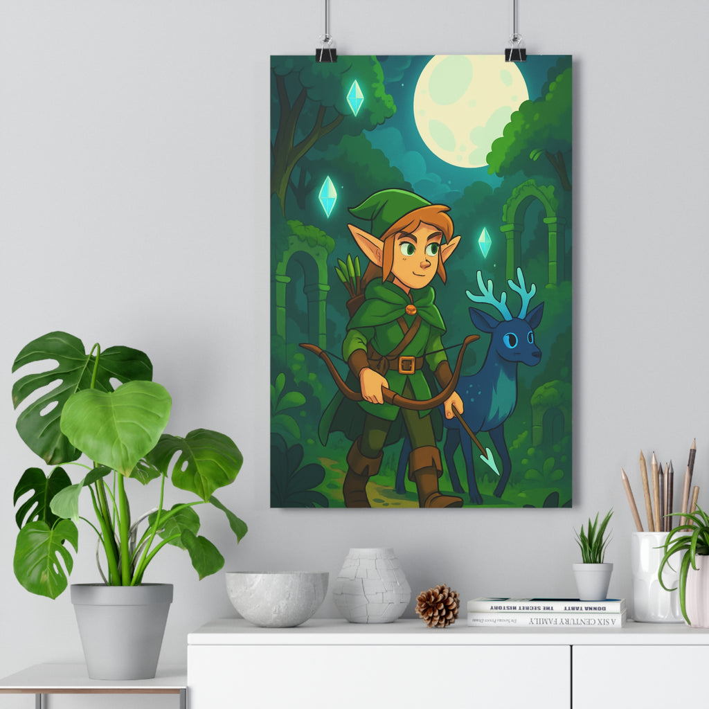Poster décoratif féerique elfe forêt enchantée aventure mystique vert bleu salon bureau magique ambiance