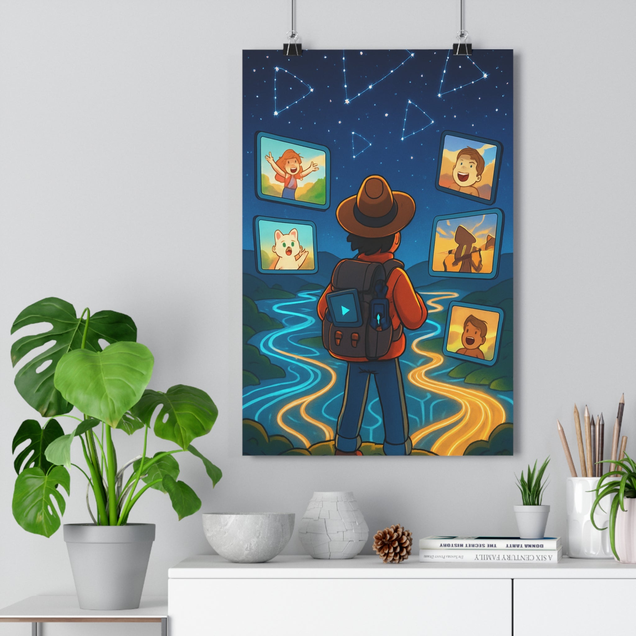 Poster décoratif futuriste bleu orange magique aventure chambre salon moderne lumineux rêveur créatif numérique