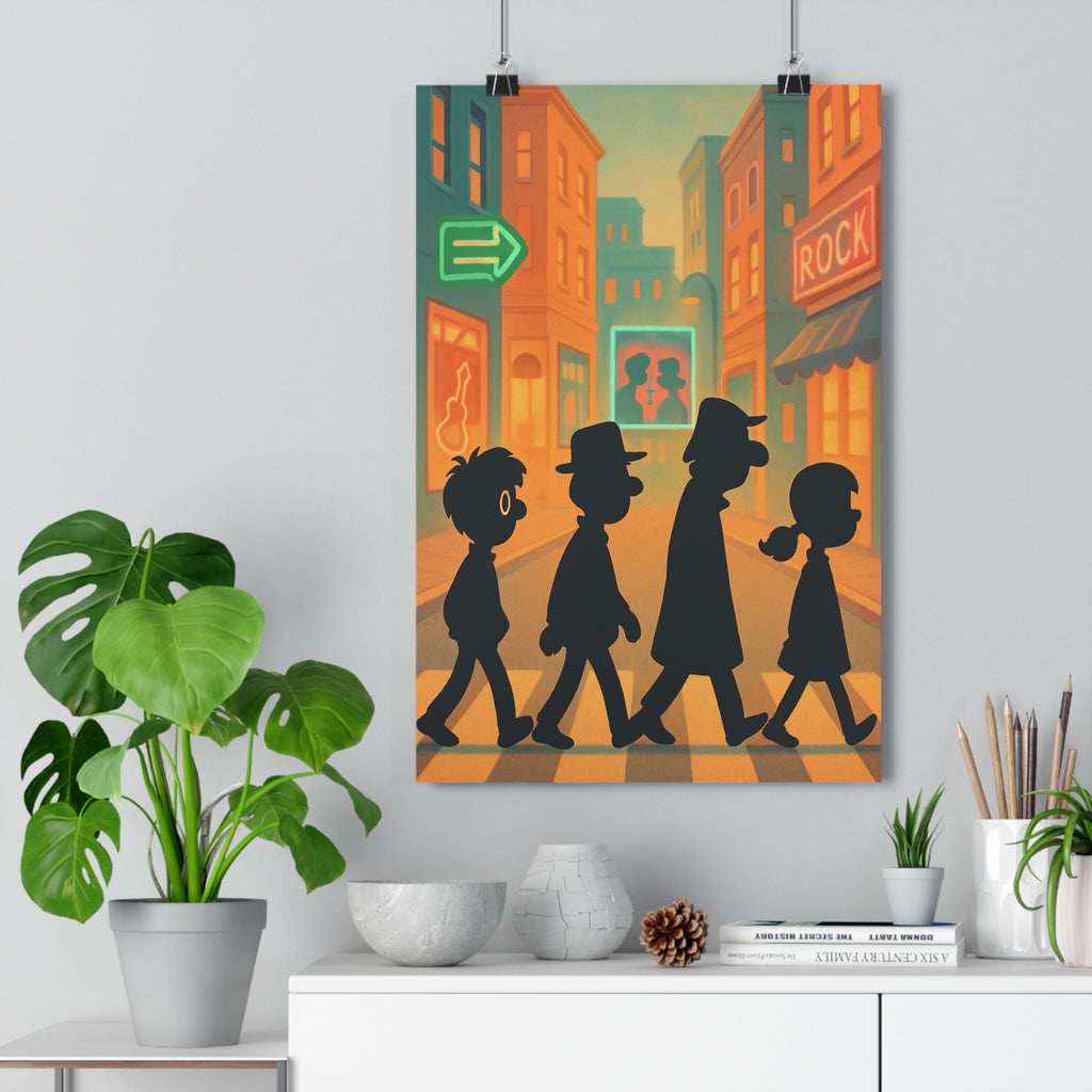 Poster décoratif rétro années 60 orange bleu vibrant salon bureau dessin animé nostalgique 30x46