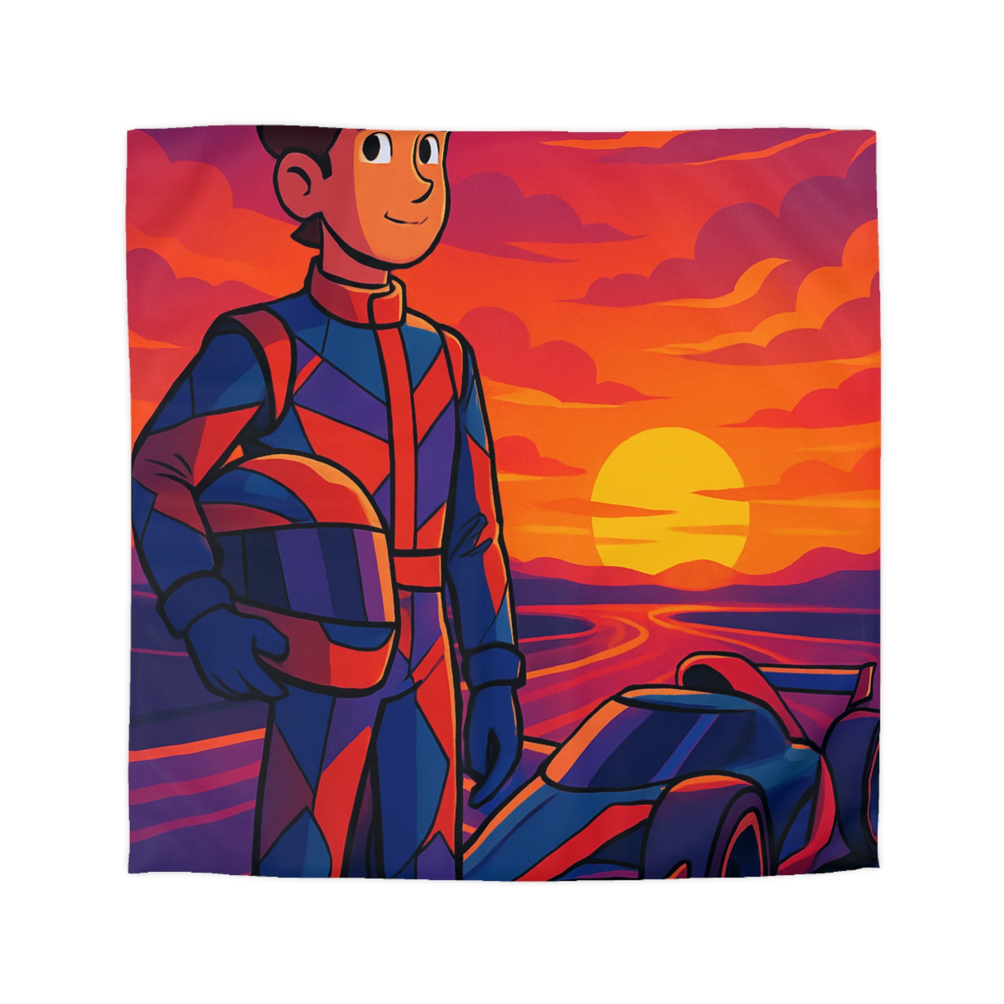 Housse de couette motif pilote de course et voiture au coucher du soleil vibrant