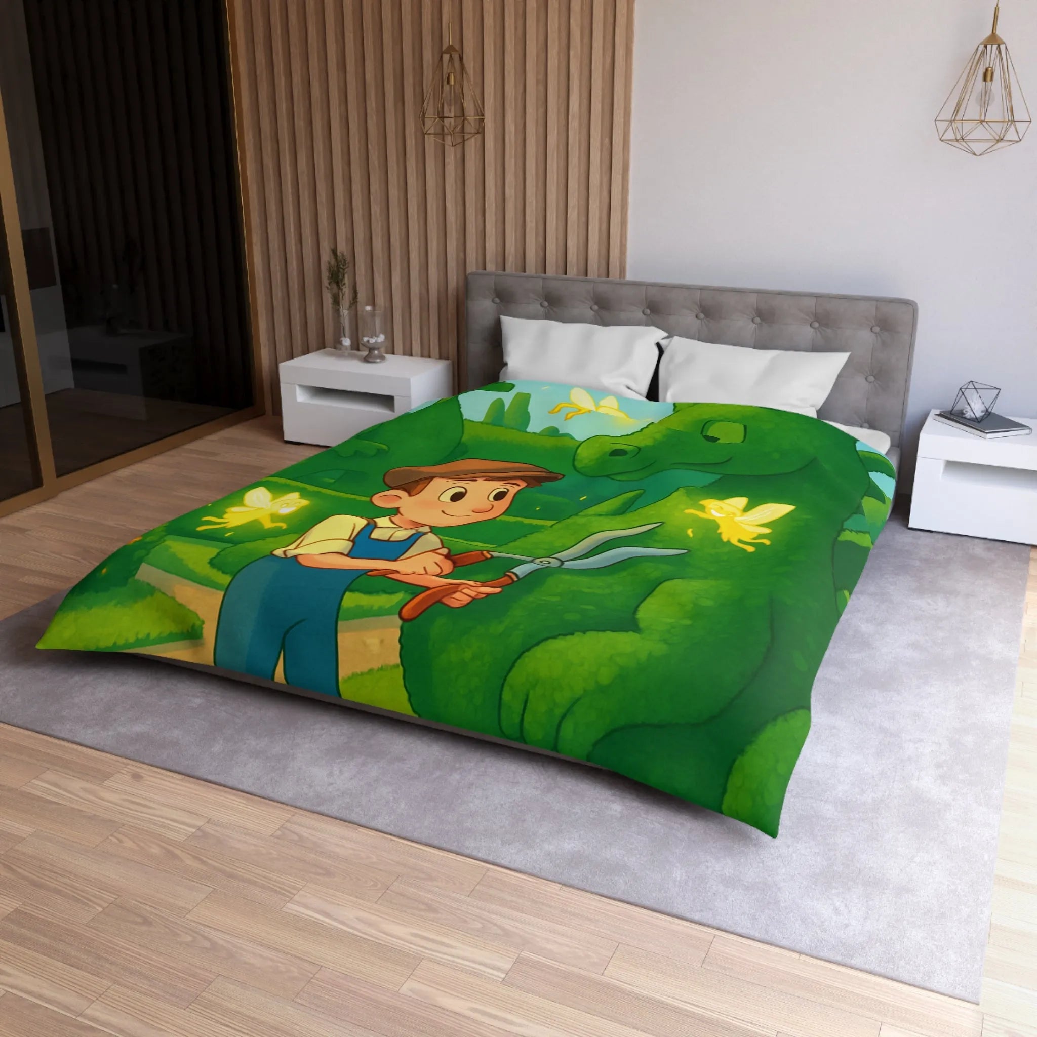 Housse de couette enfant dragon féérique avec jardin, verdure et ambiance magique naturelle