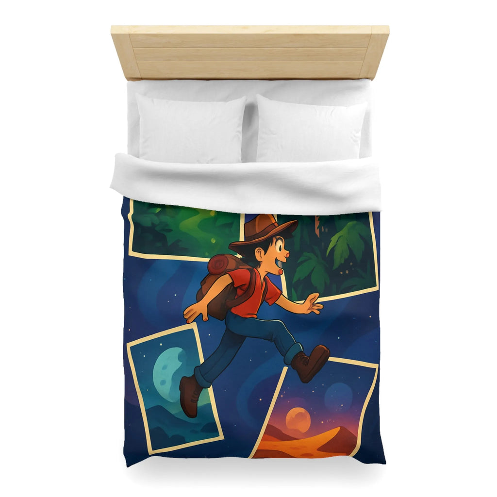 Housse de couette colorée avec illustrations d'aventure forêt, ville, désert, espace