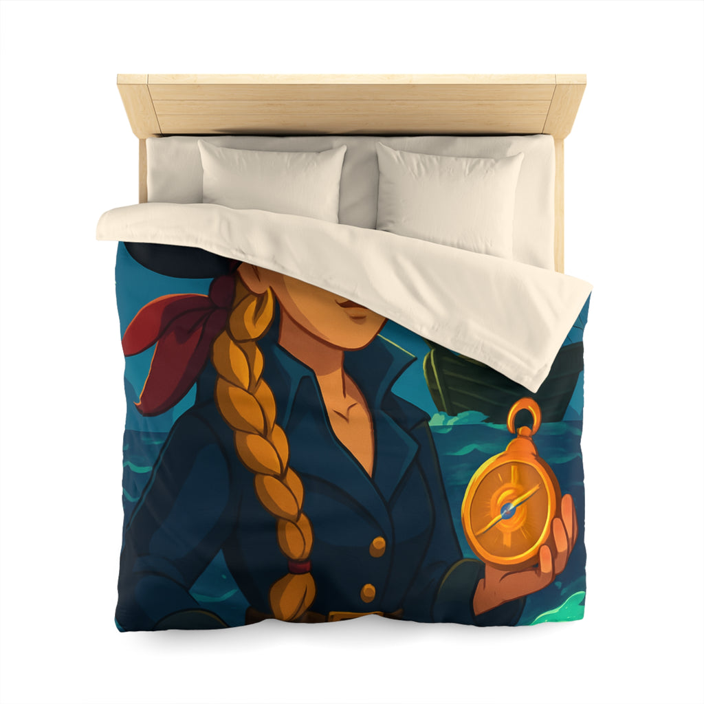 Housse de couette pirate colorée avec femme audacieuse, boussole et bateau illuminé