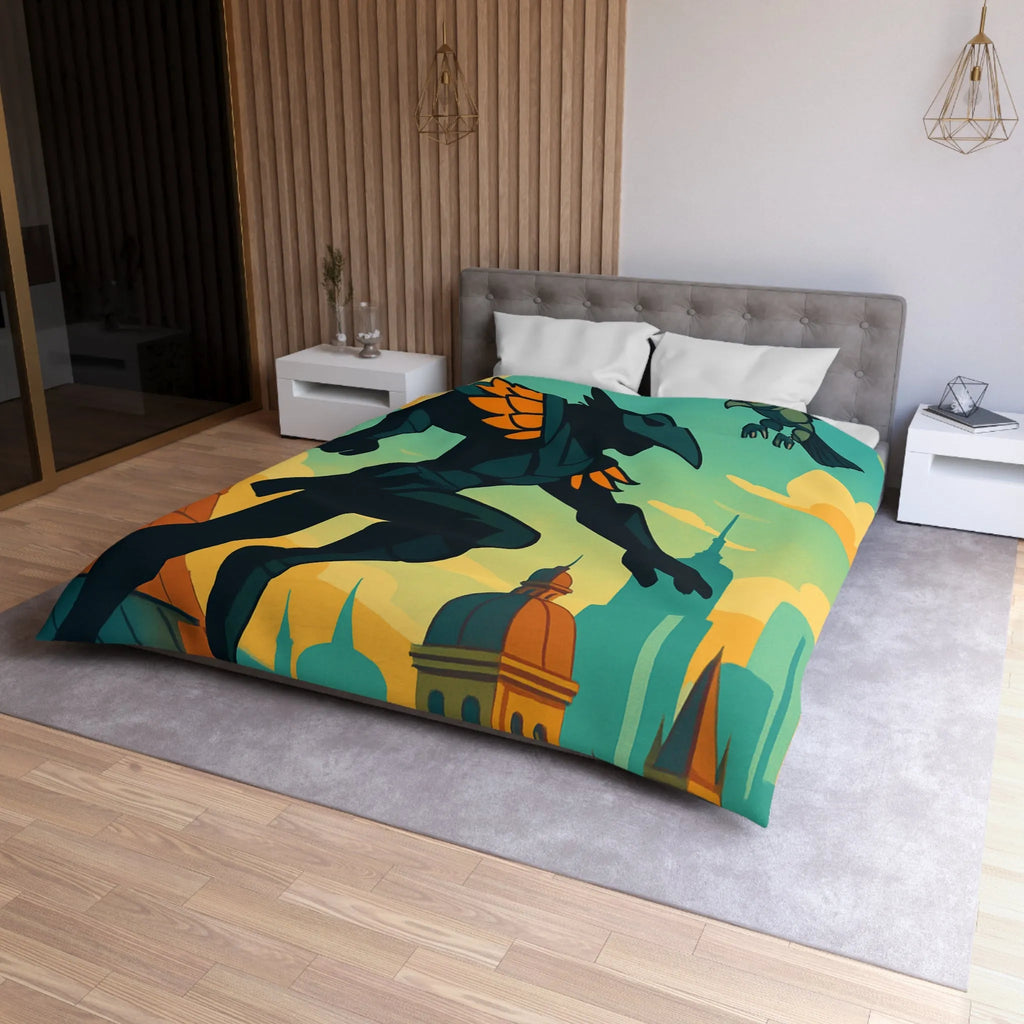 Housse de couette artistique avec silhouette et oiseau sur un toit urbain animé