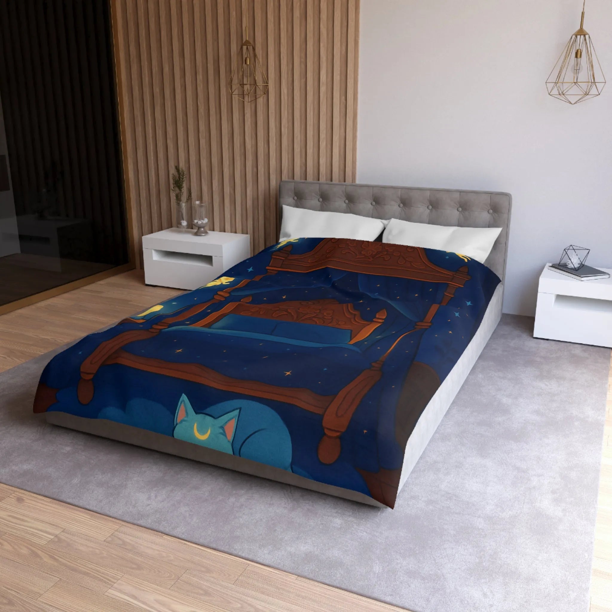 Housse de couette bleue étoilée avec fées et chat endormi, ambiance féérique