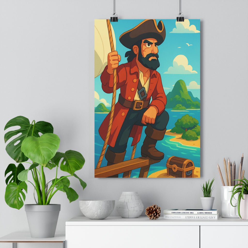 Poster décoratif pirate cartoon aventure bleu rouge chambre enfant ludique marin feutre île navire