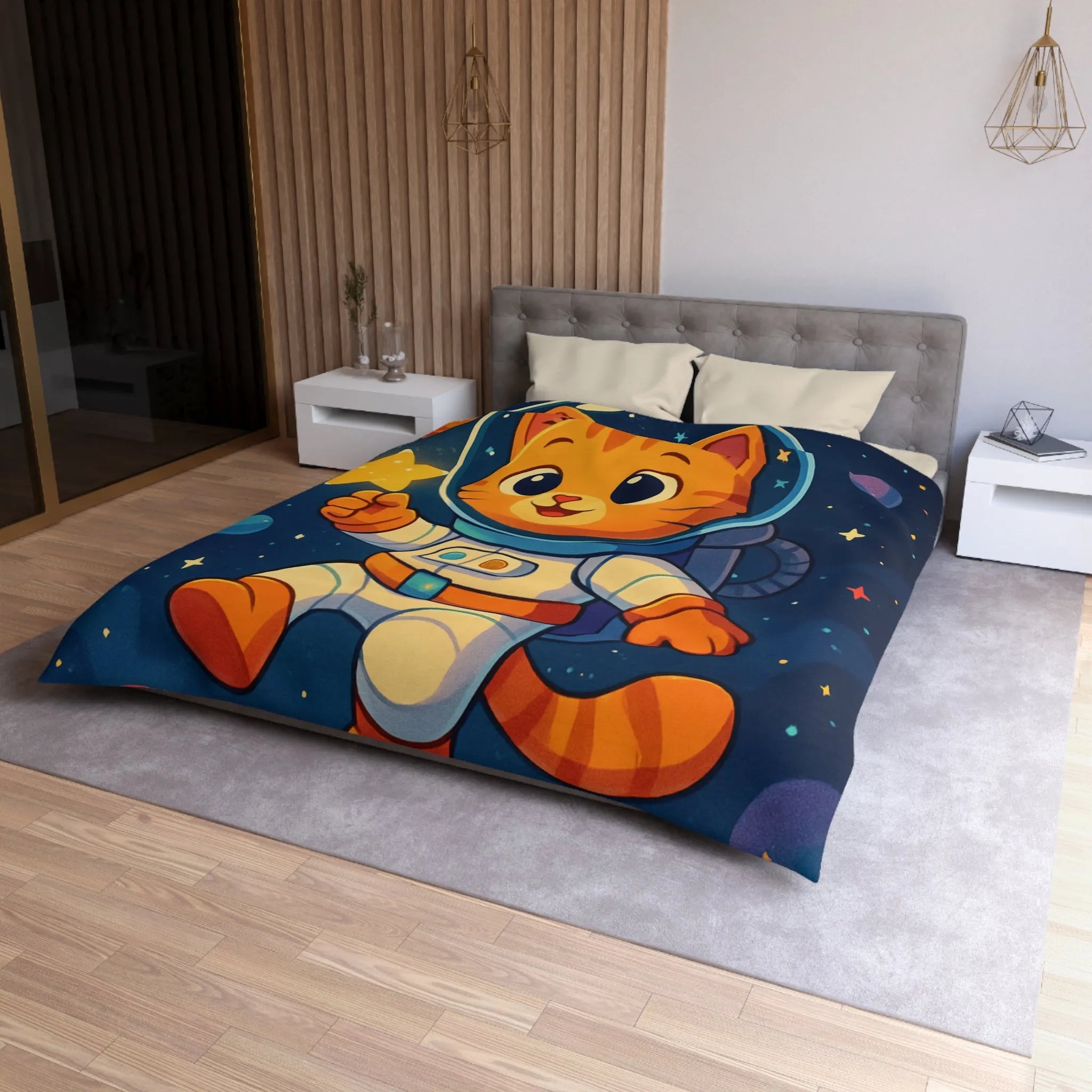 Housse de Couette avec Chat Astronaute et Étoiles dans Espace Coloré pour Enfants