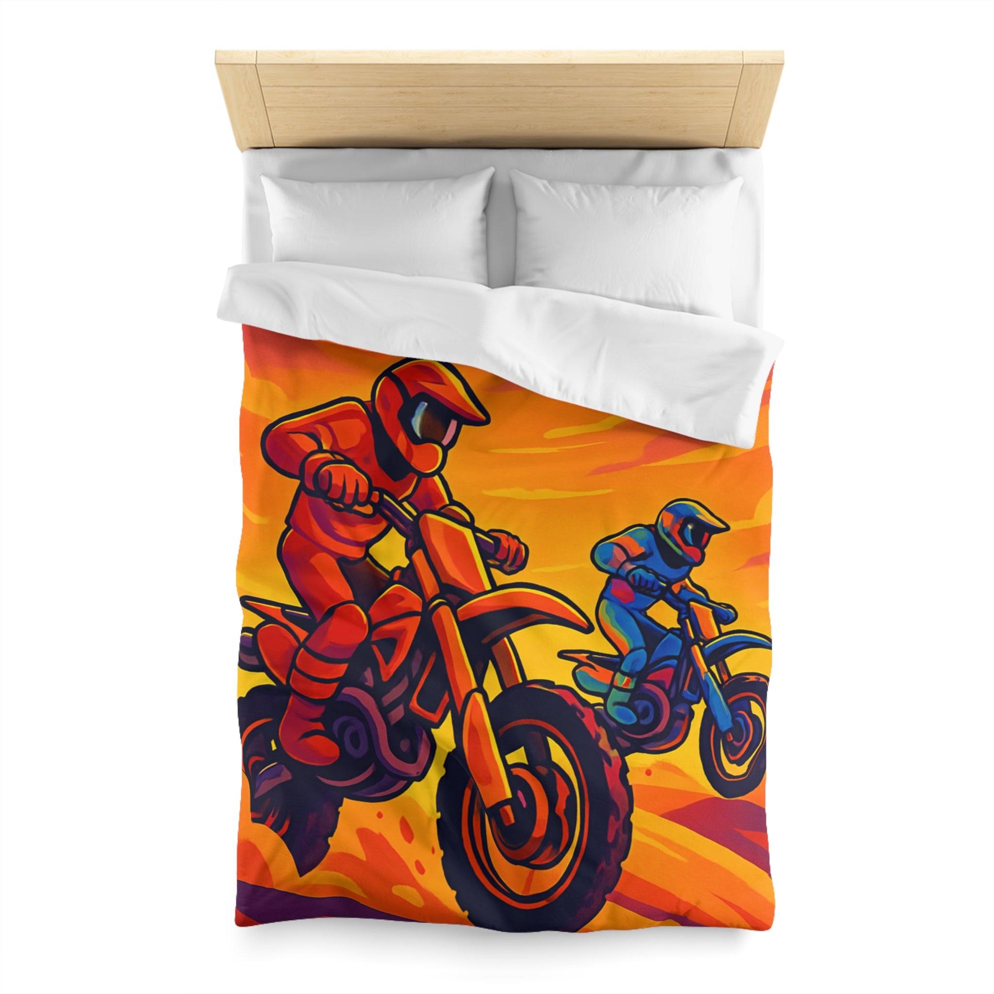 Housse de couette moto aventure: dynamique, couleurs vives, coucher de soleil dramatique