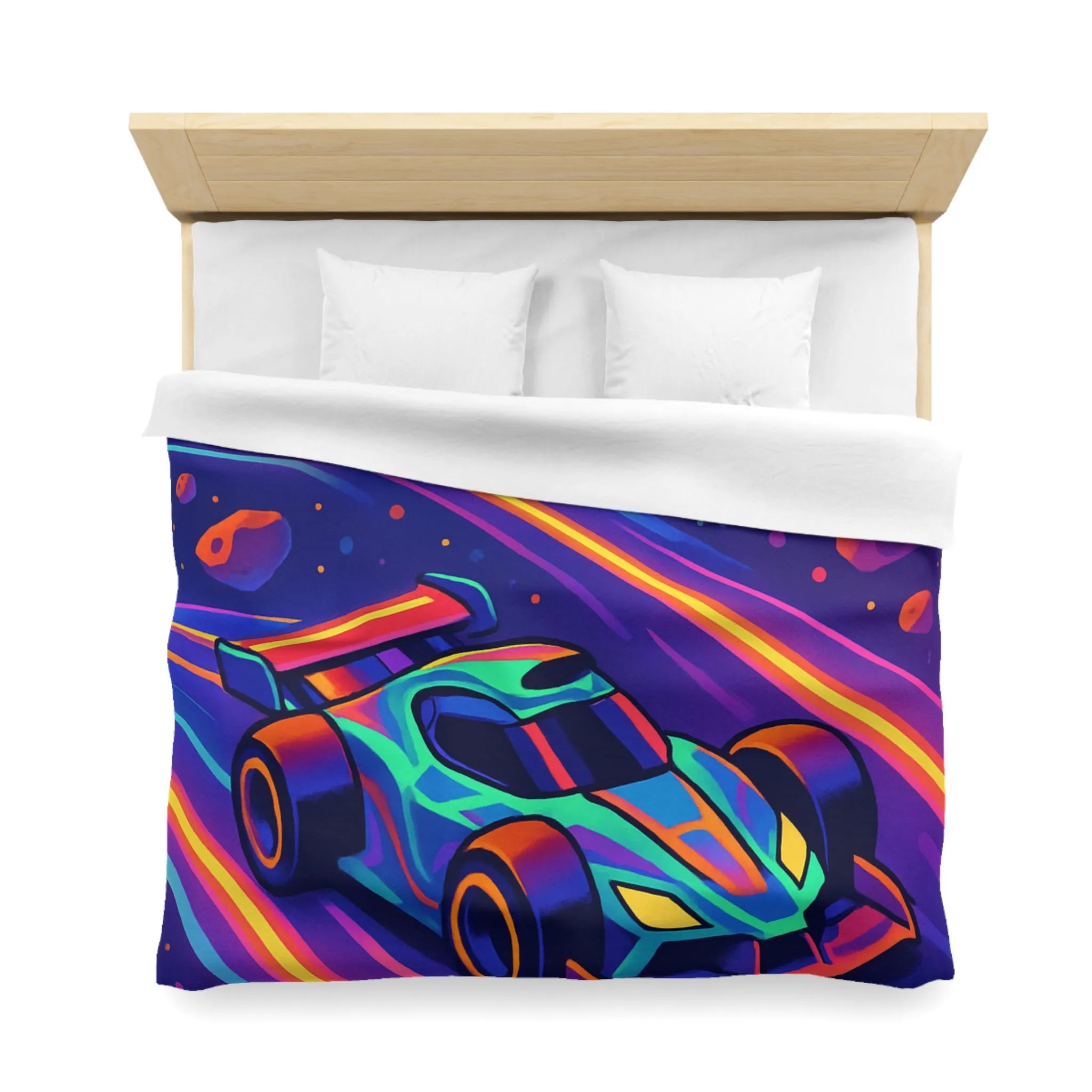 Éblouissante Housse de Couette avec Voiture Néon Galactique et Planètes Colorées