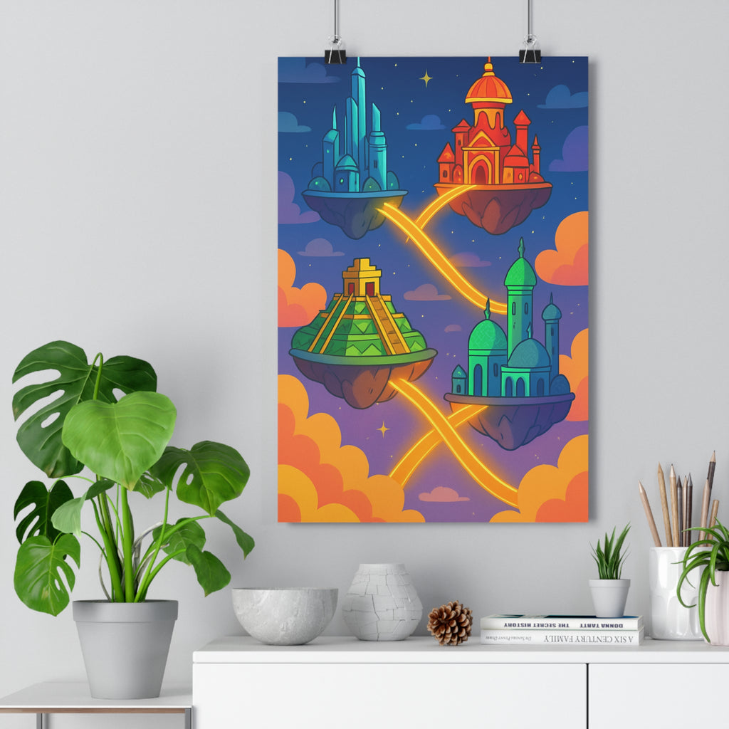 Poster décoratif cartoon bleu vert orange ciel futuriste mystique salon chambre enfant design tendance