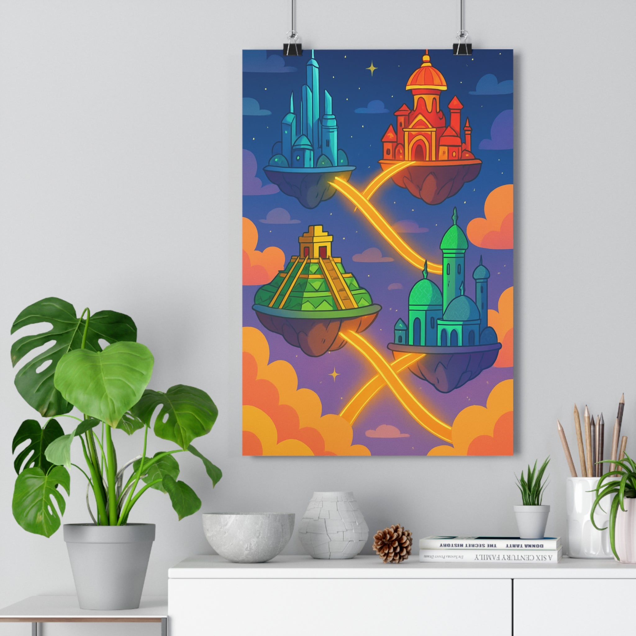 Poster décoratif cartoon bleu vert orange ciel futuriste mystique salon chambre enfant design tendance