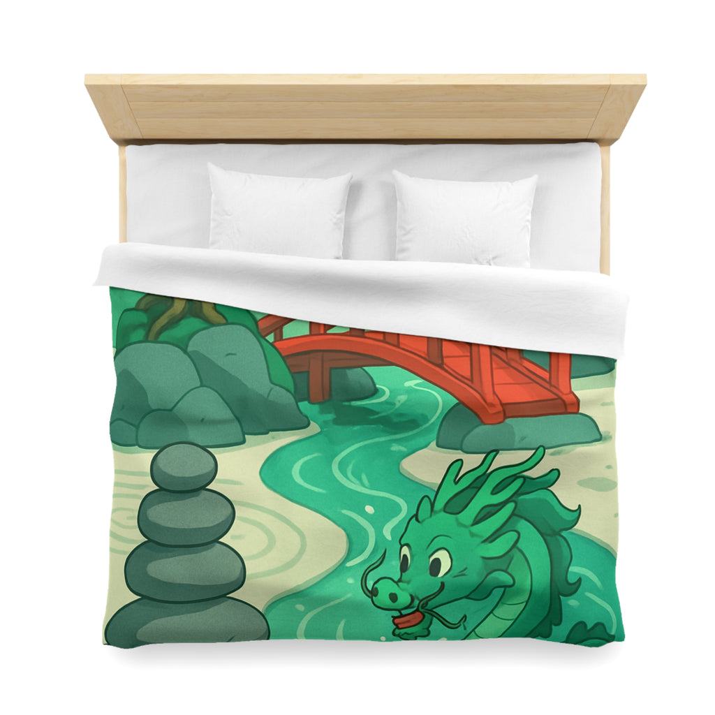 Magnifique housse de couette dragon vert dans jardin zen avec pont rouge