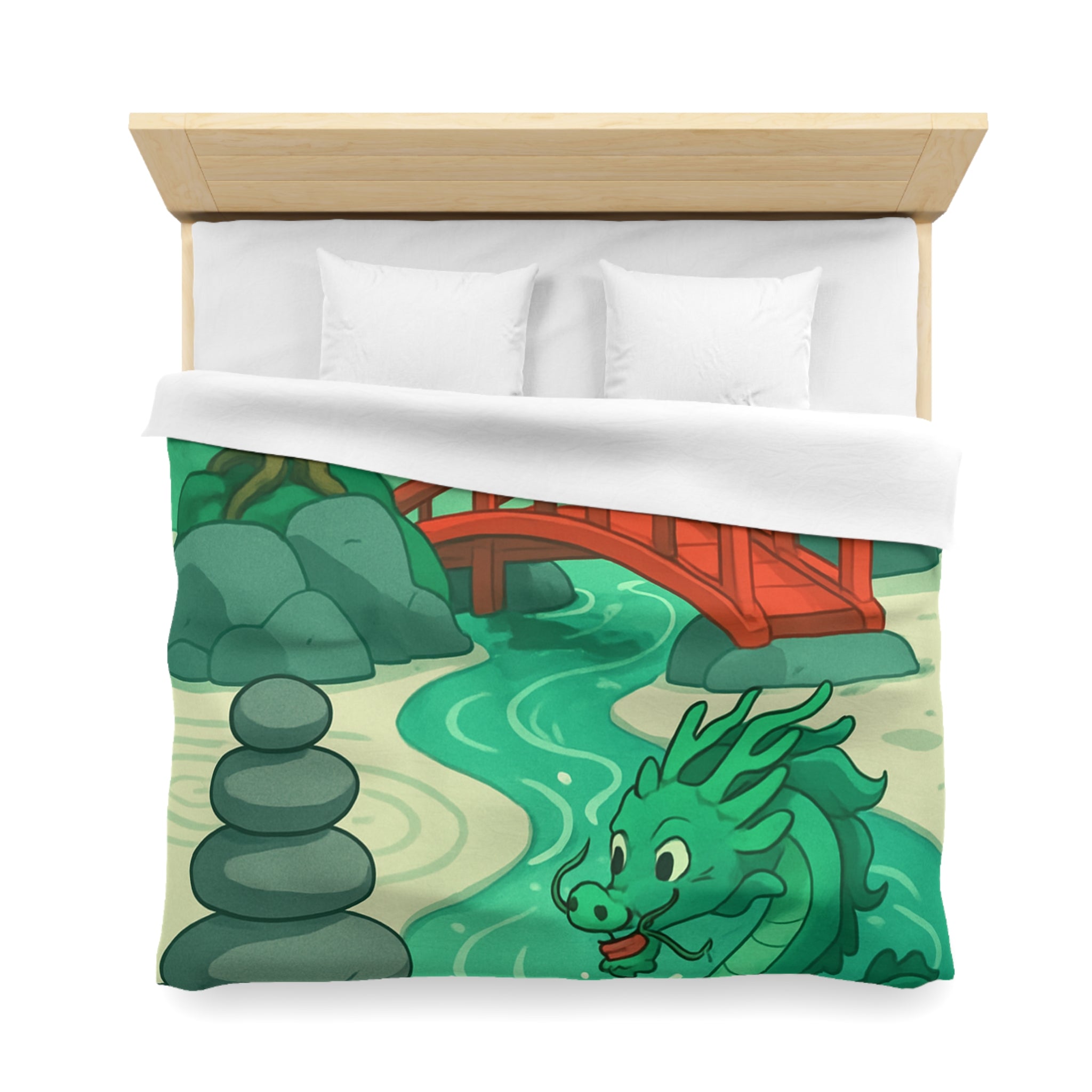 Magnifique housse de couette dragon vert dans jardin zen avec pont rouge