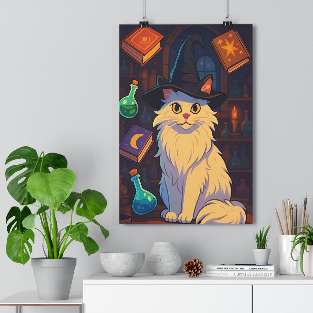 Poster décoratif chat sorcier blanc mystique enchanté magique art lumineux salon chambre 30x46 cm