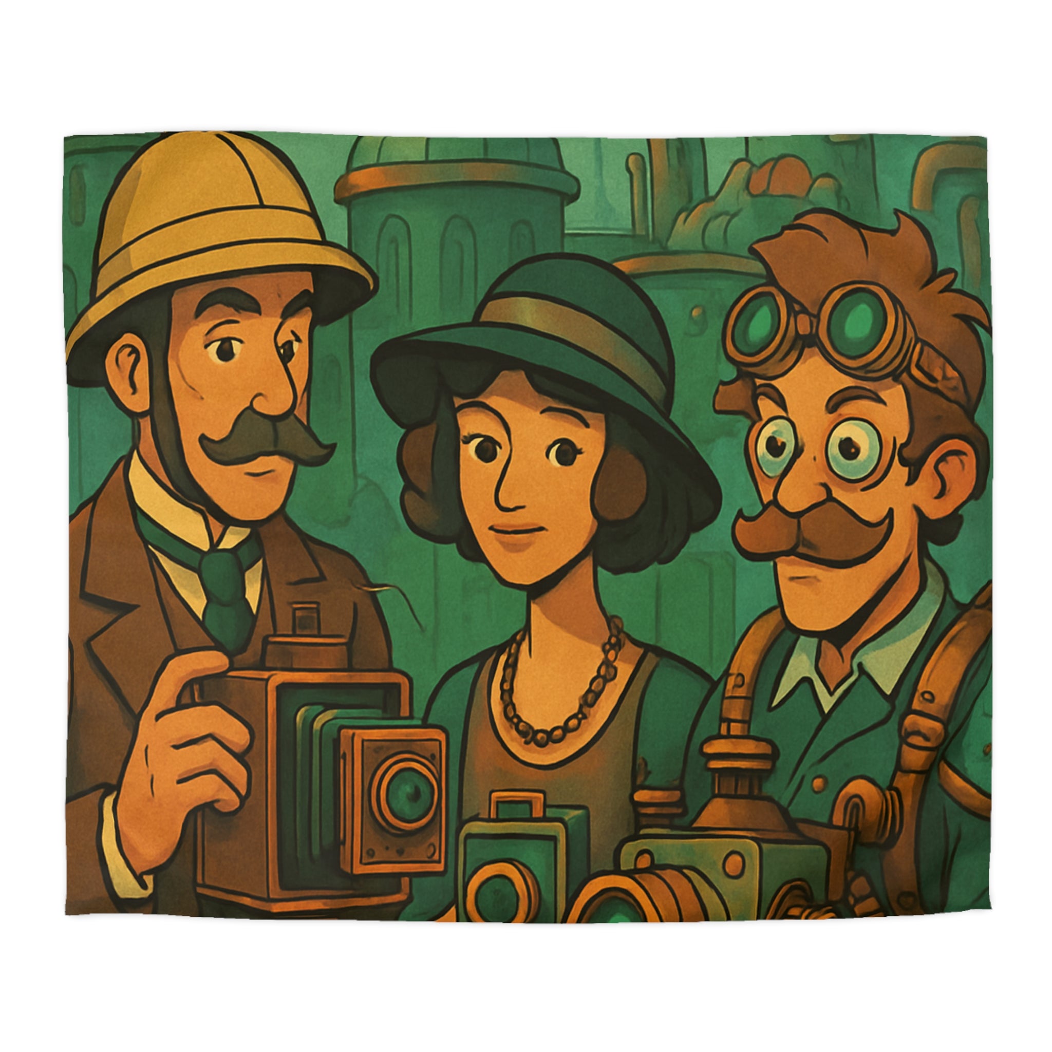 Vintage Steampunk Photographers Illustrating Historic Adventure with Unique Retro Cameras Design