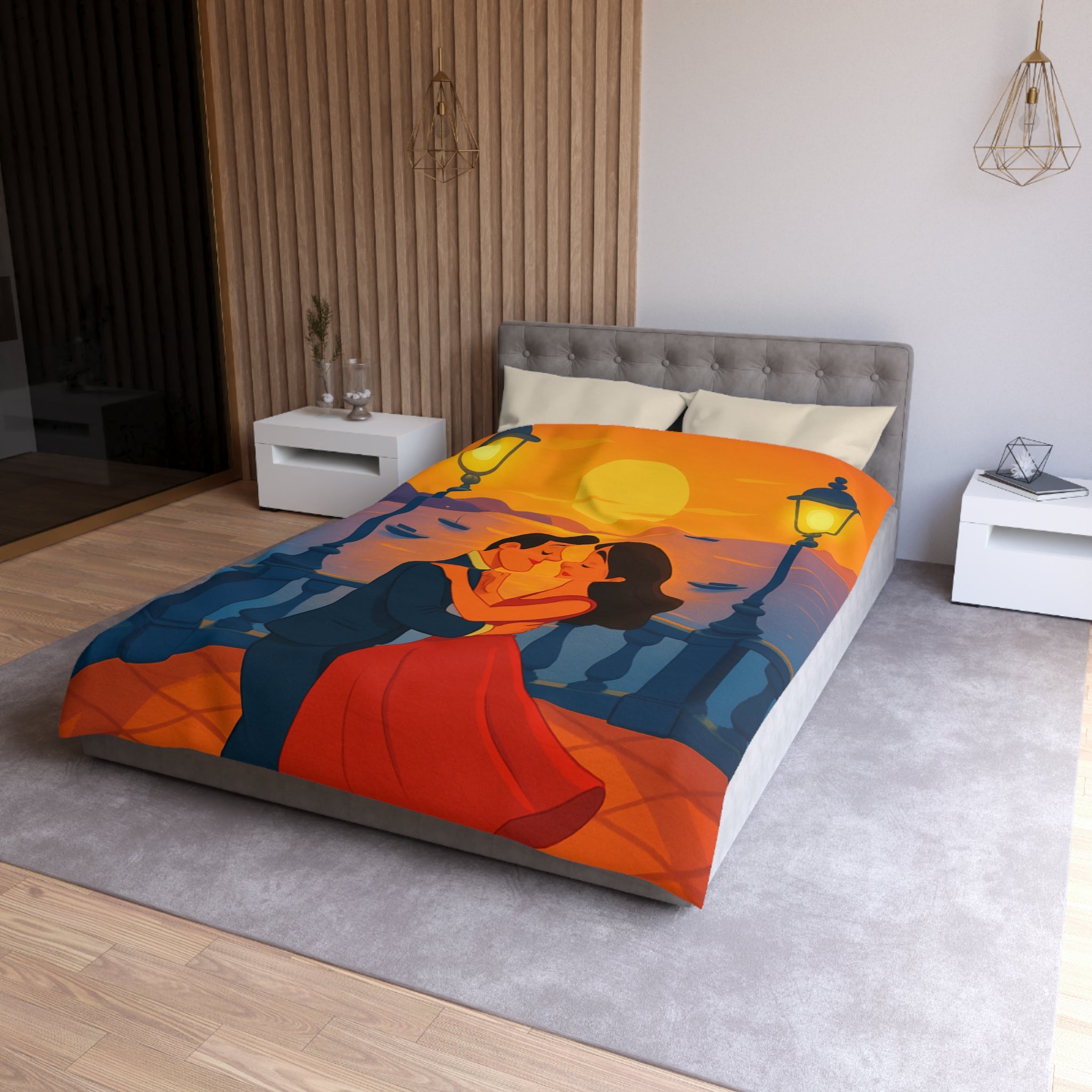 Housse de couette romantique coucher de soleil couple dansant au bord de mer