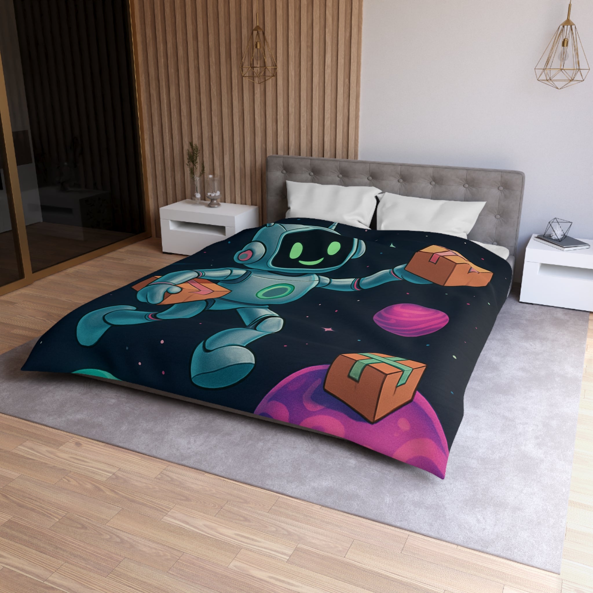 Housse de Couette Spatiale avec Robot Jovial et Planètes Colorées pour Enfants