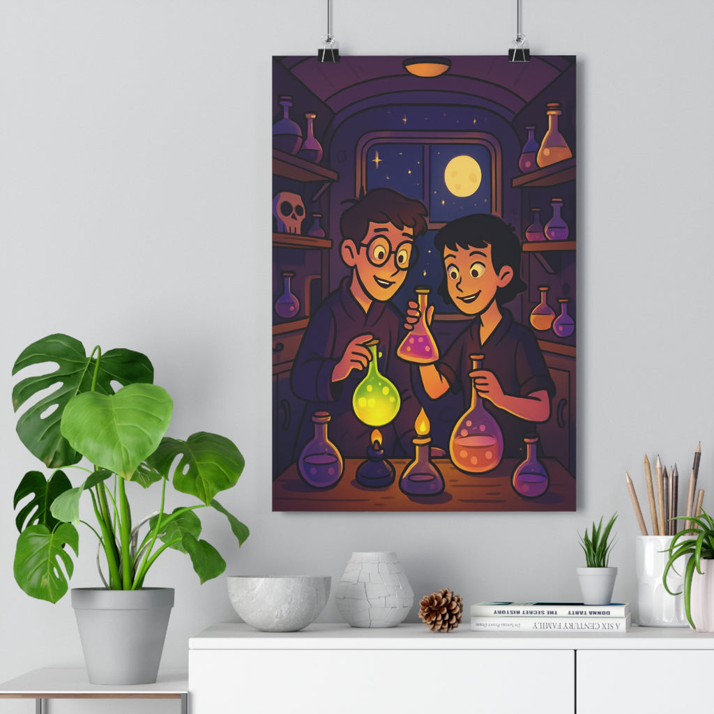 Poster décoratif bande dessinée nocturne mystique personnages laboratoire potions couleurs vives pleine lune ambiance